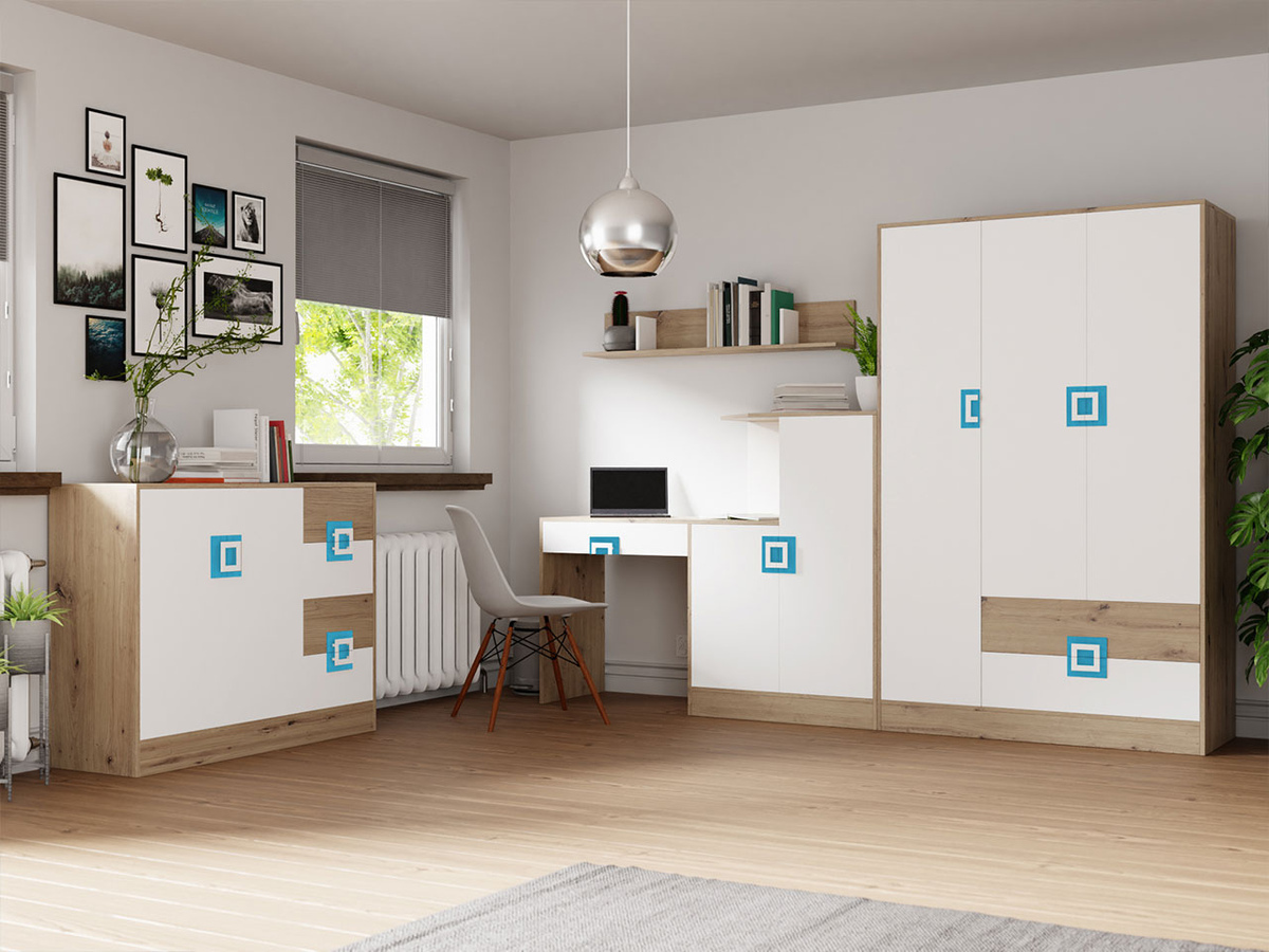 Set de mobilier Tolfere 107 (Stejar deschis + Alb + Turcoaz)
