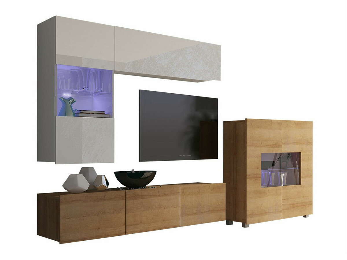 Set de living Remus III (Stejar auriu + Alb + Alb lucios)