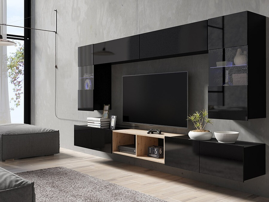 Set de living Remus XXIV (Negru + Negru lucios + Stejar artizan)