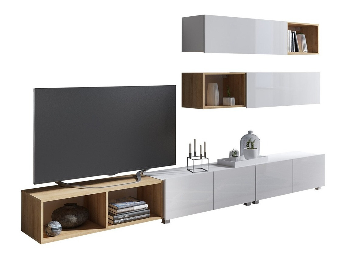 Set de living Remus XXV (Alb + Alb lucios + Stejar auriu)