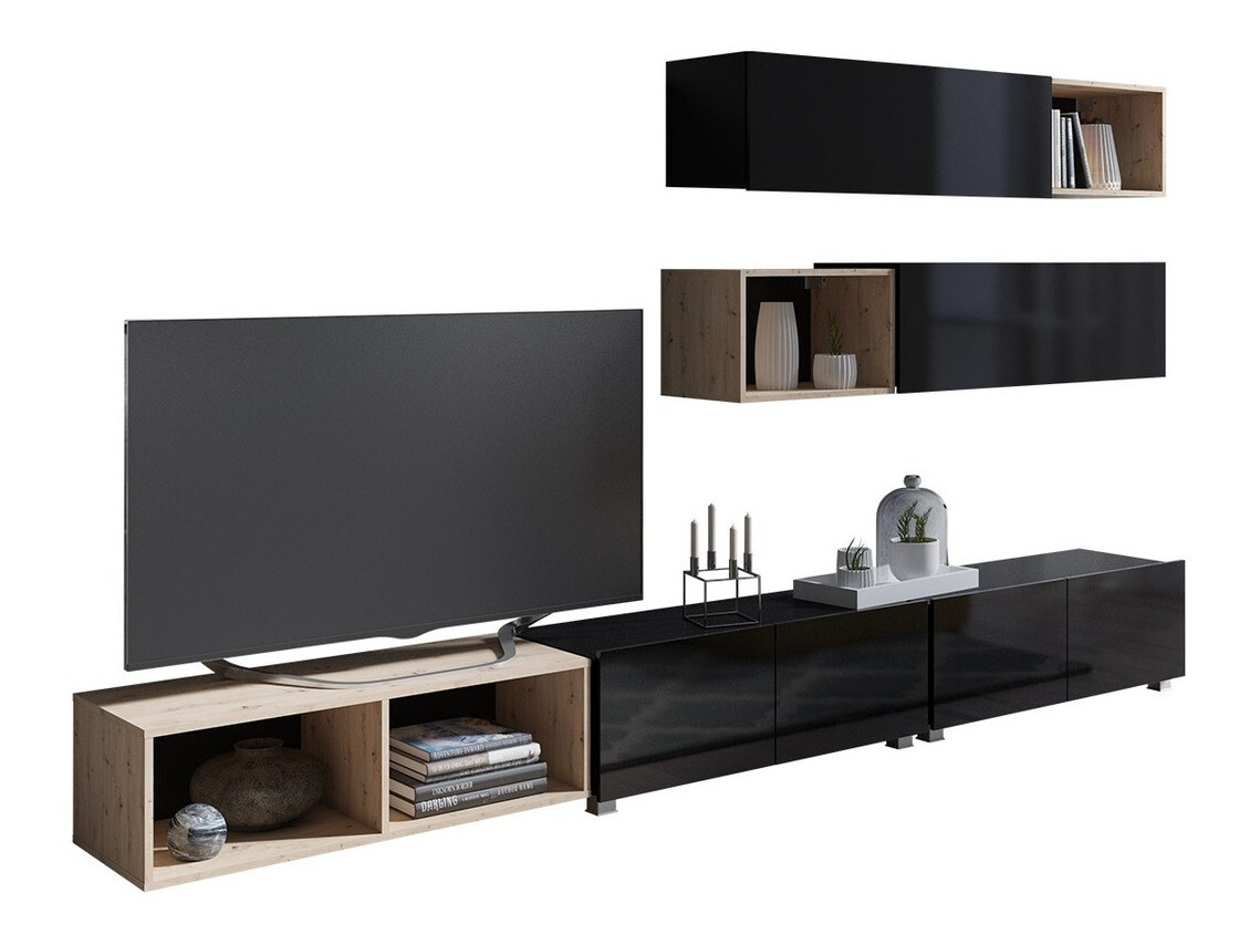 Set de living Remus XXV (Negru + Negru lucios + Stejar artizan)