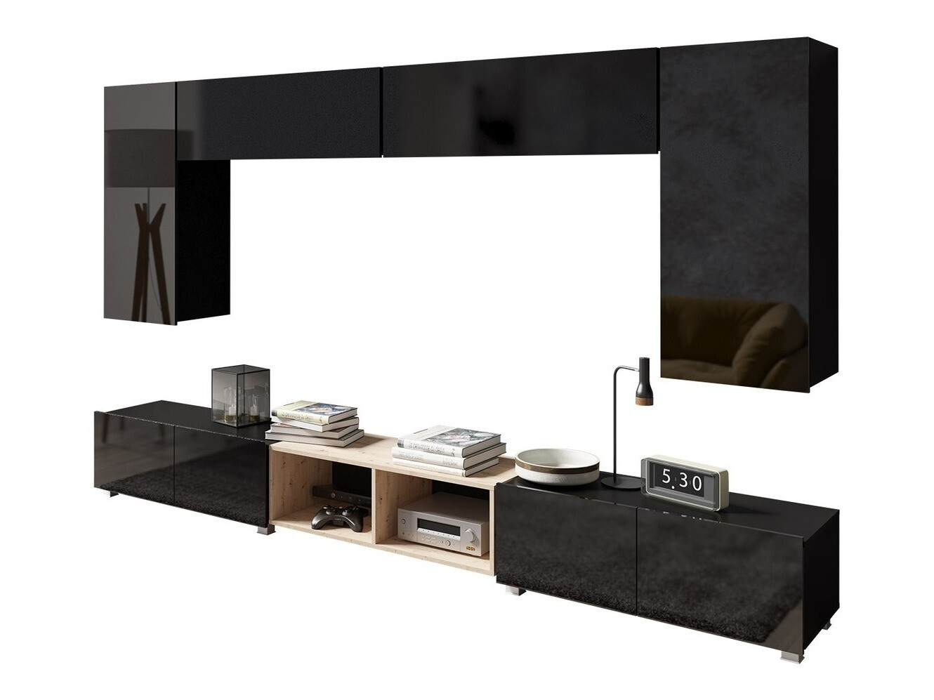 Set de living Remus XXIII (Negru + Negru lucios + Stejar artizan)