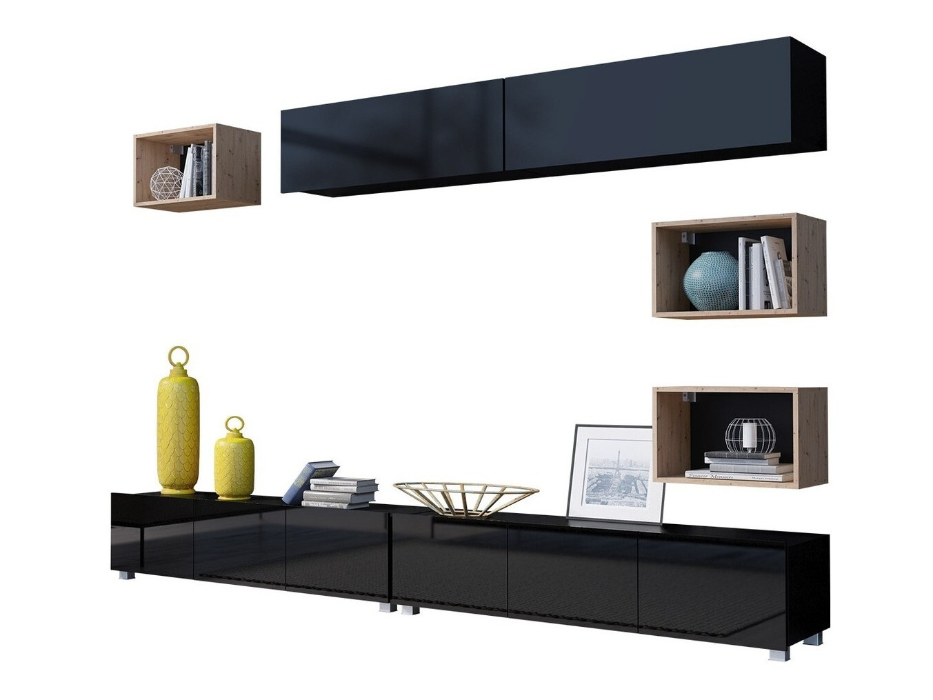 Set de living Remus XXXI (Negru + Negru lucios + Stejar artizan)