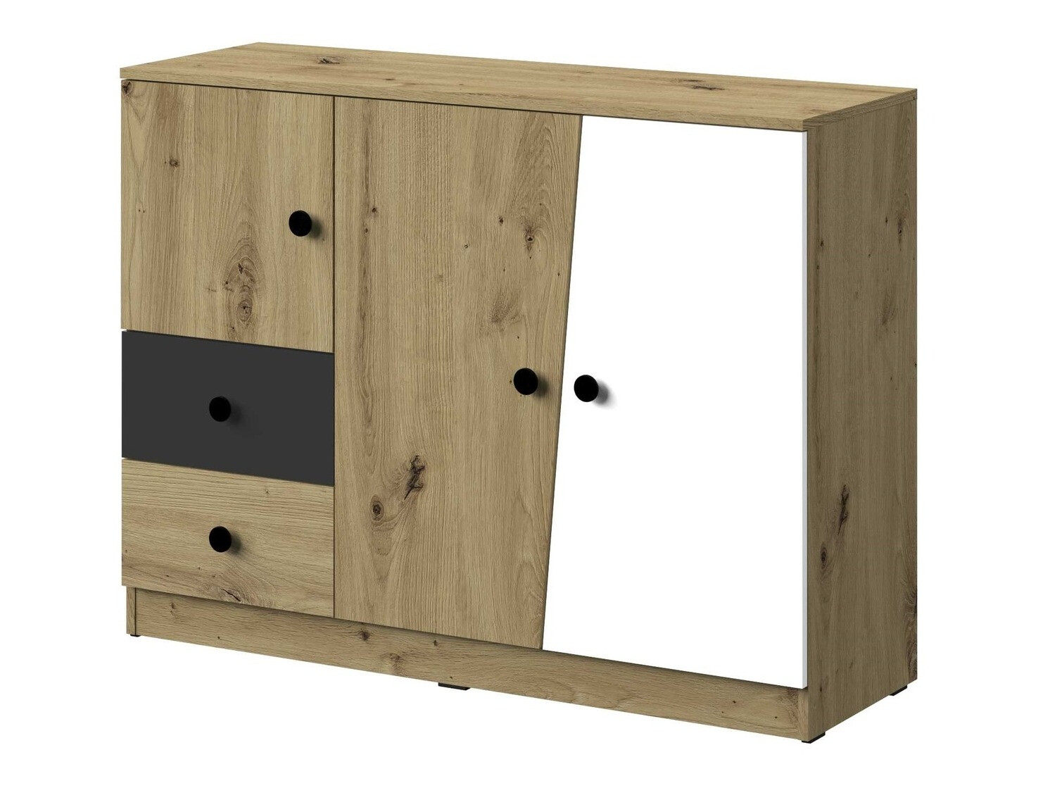 Comodă Mirelbu 106 (Stejar artizan + Alb + Negru)