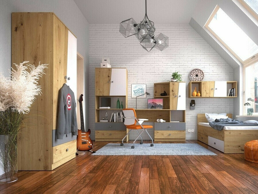 Dulap Mirelbu 100 (Stejar artizan + Alb lucios + Negru lucios)