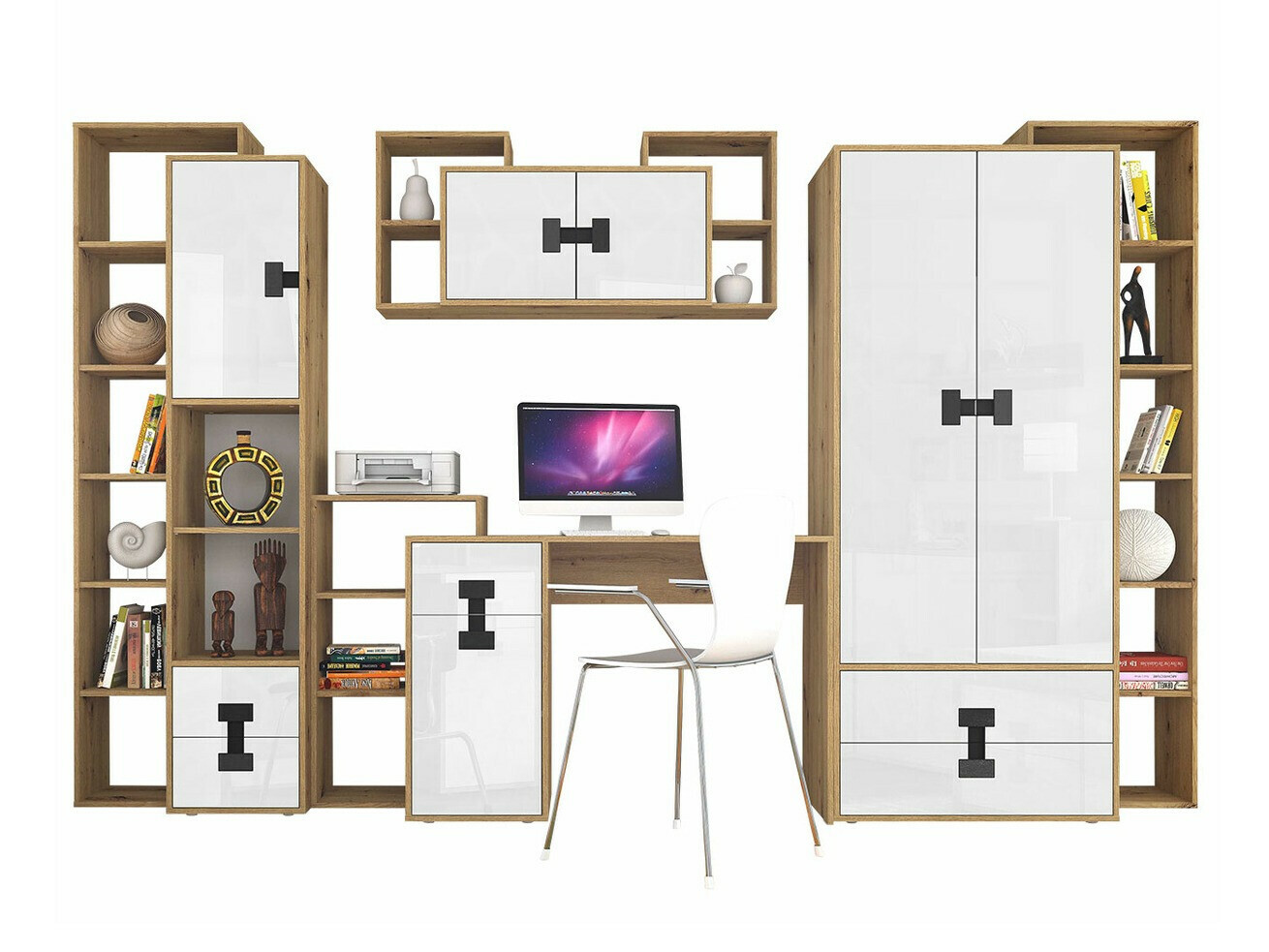 Set birou acasă Florevi 104 (Alb lucios + Stejar artizan)
