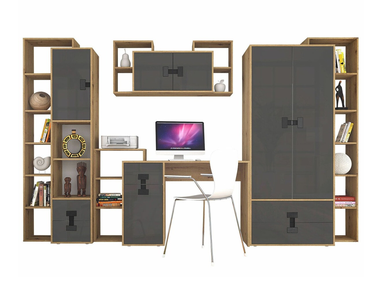 Set birou acasă Florevi 104 (Gri lucios + Stejar artizan)
