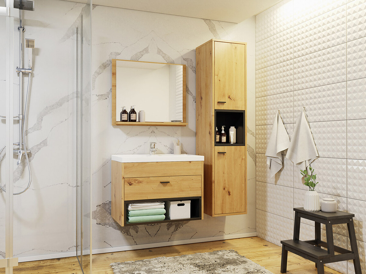 Cabinet de baie suspendat Velum (Negru + Stejar artizan)