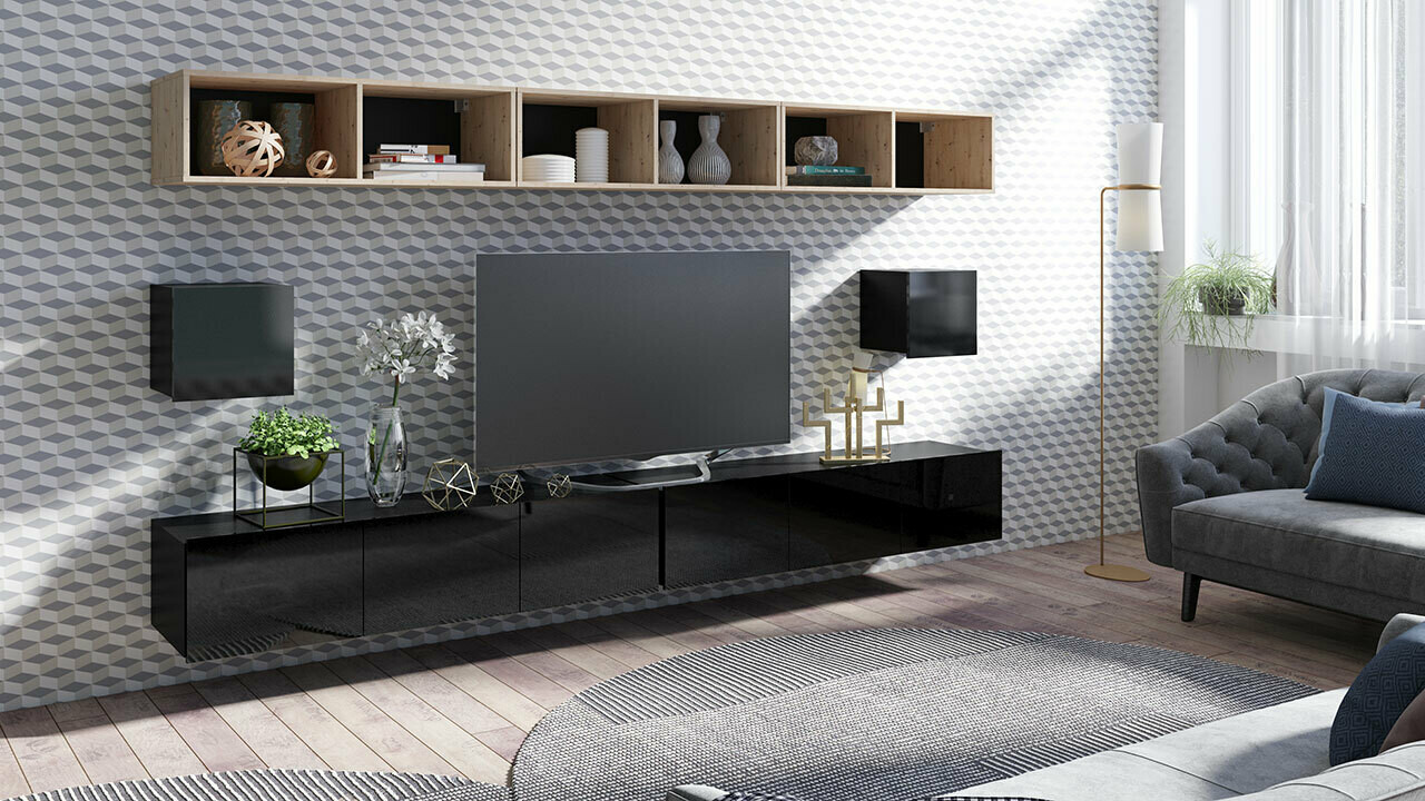Set de living Remus XXXIII (Negru + Negru lucios + Stejar artizan)