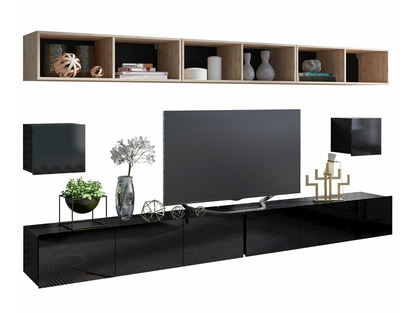 Set de living Remus XXXIII (Negru + Negru lucios + Stejar artizan)