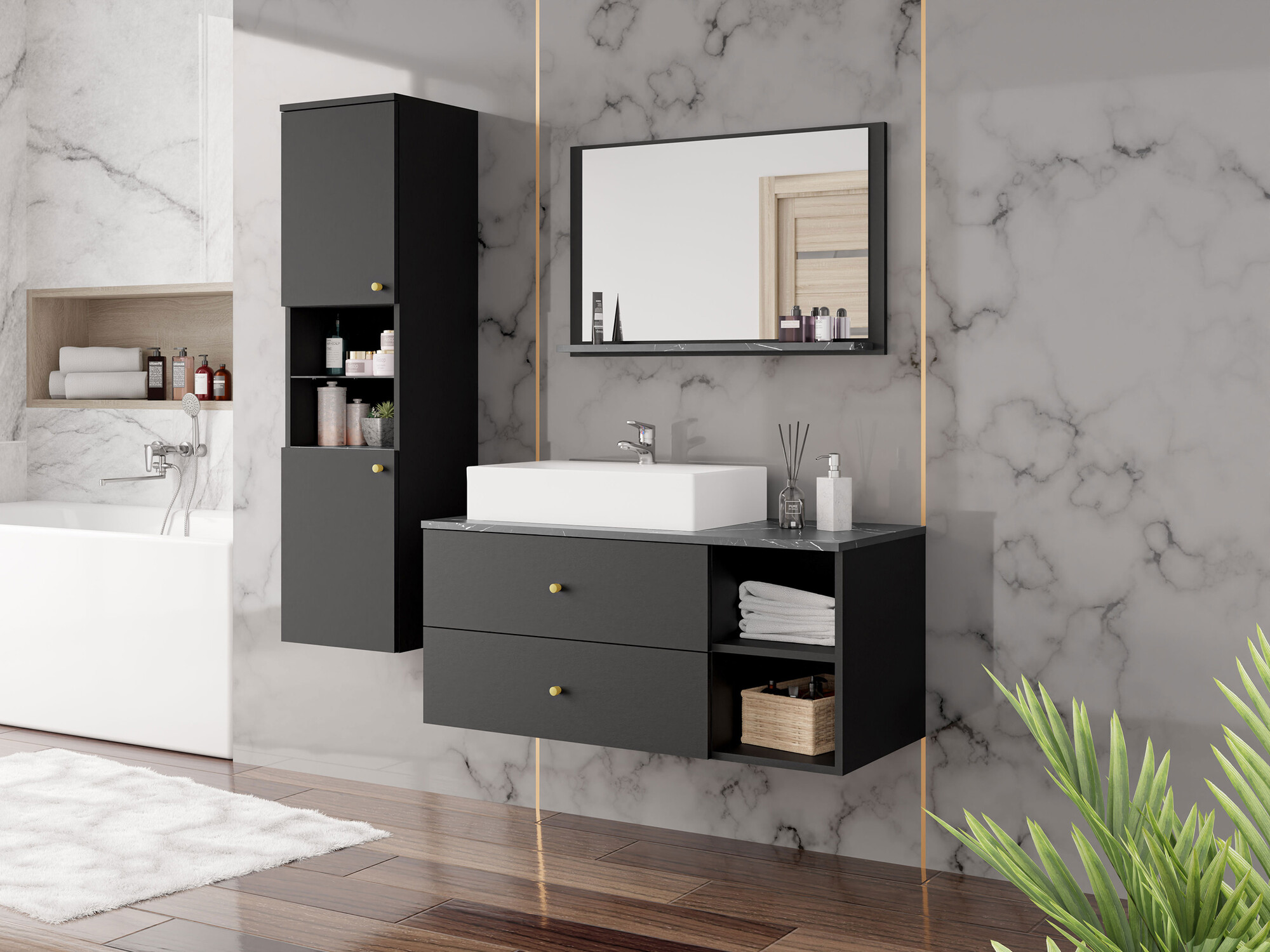 Set baie Salus II (Negru + Marmură neagră)