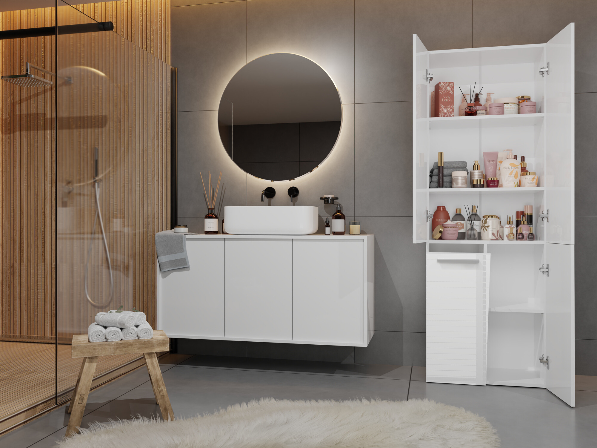 Cabinet de baie neancorat Nolmaru 100 (Alb + Alb lucios)