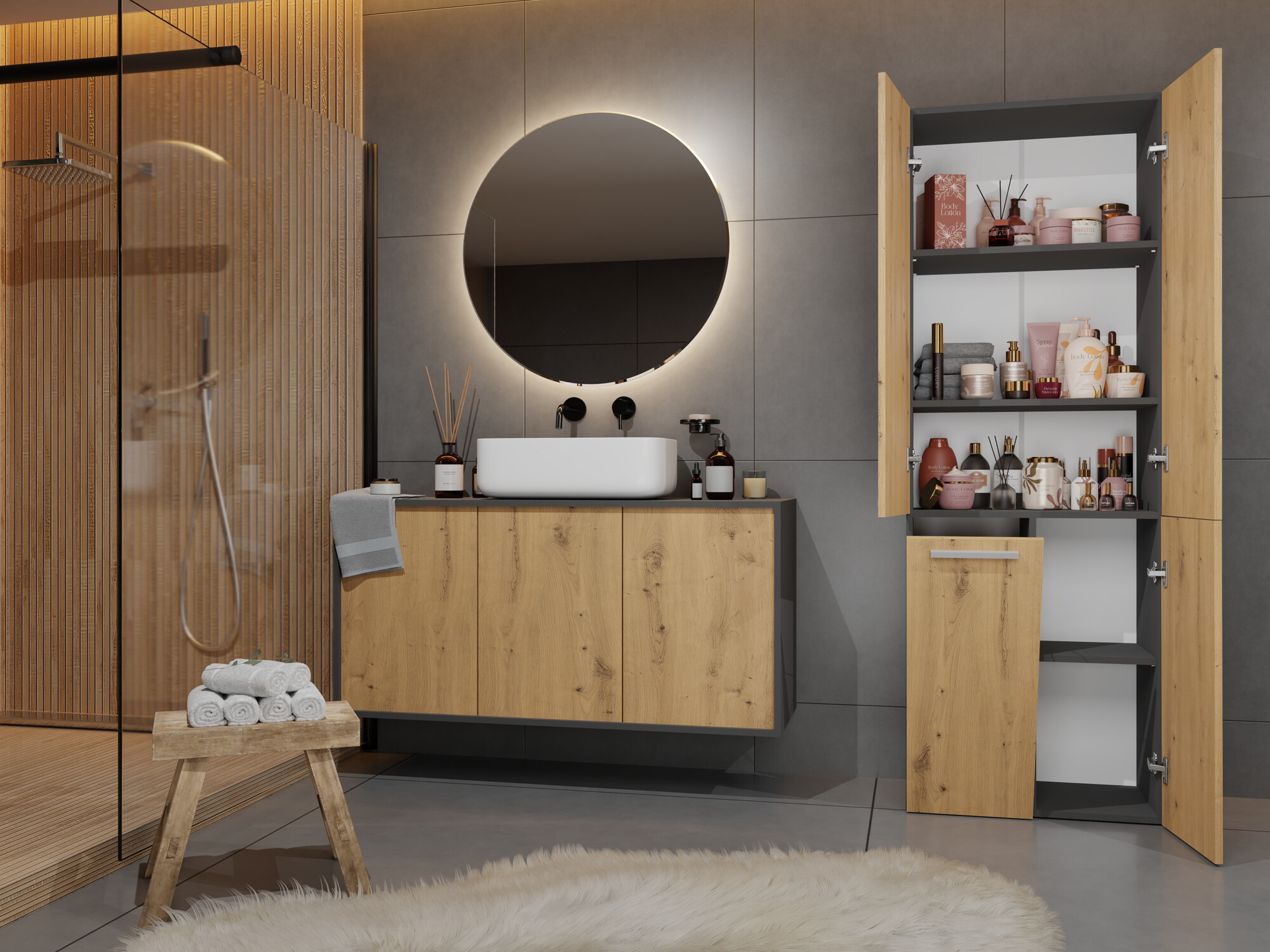 Cabinet de baie neancorat Nolmaru 100 (Antracit + Stejar artizan)