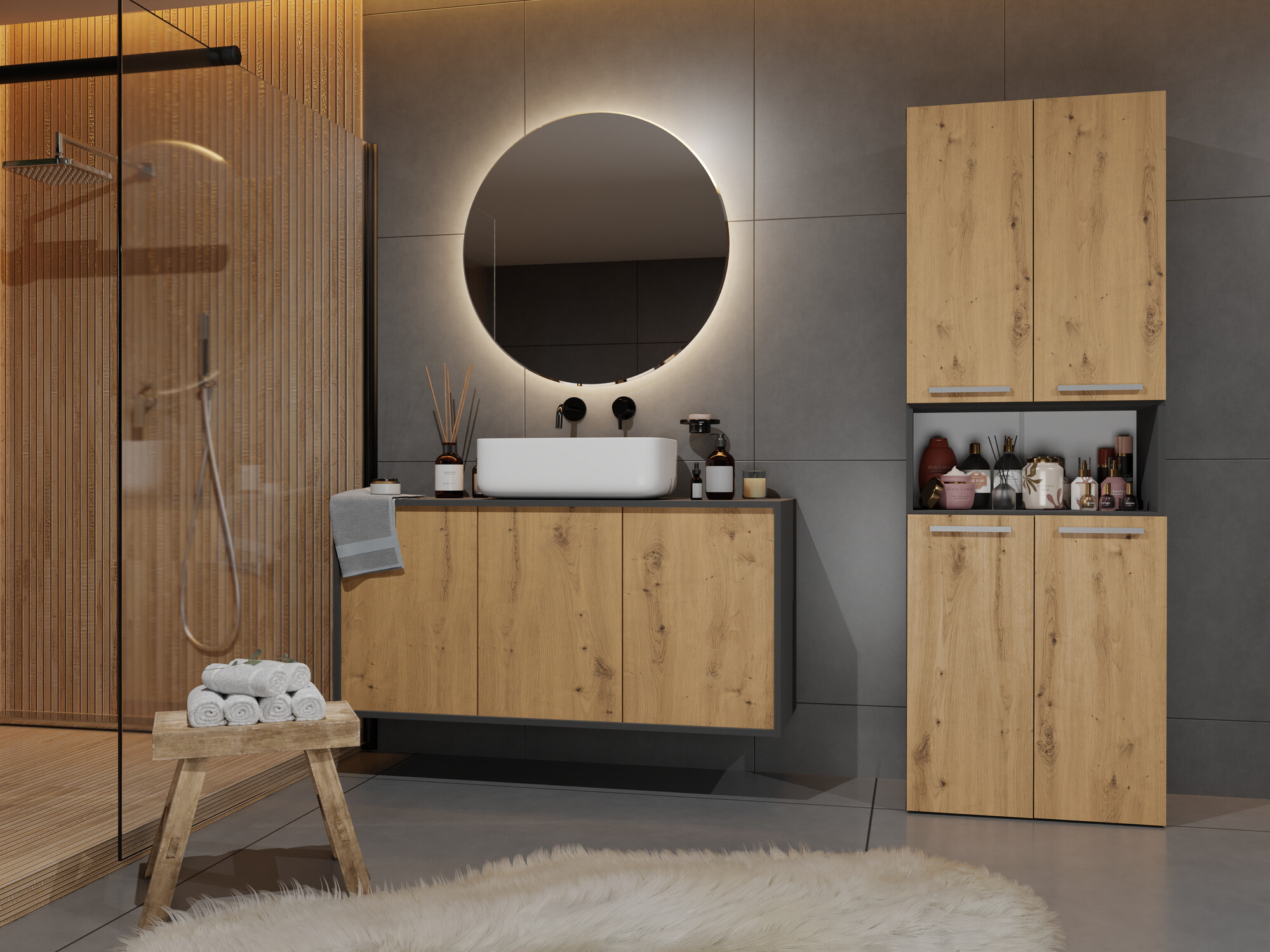 Cabinet de baie neancorat Nolmaru 101 (Antracit + Stejar artizan)