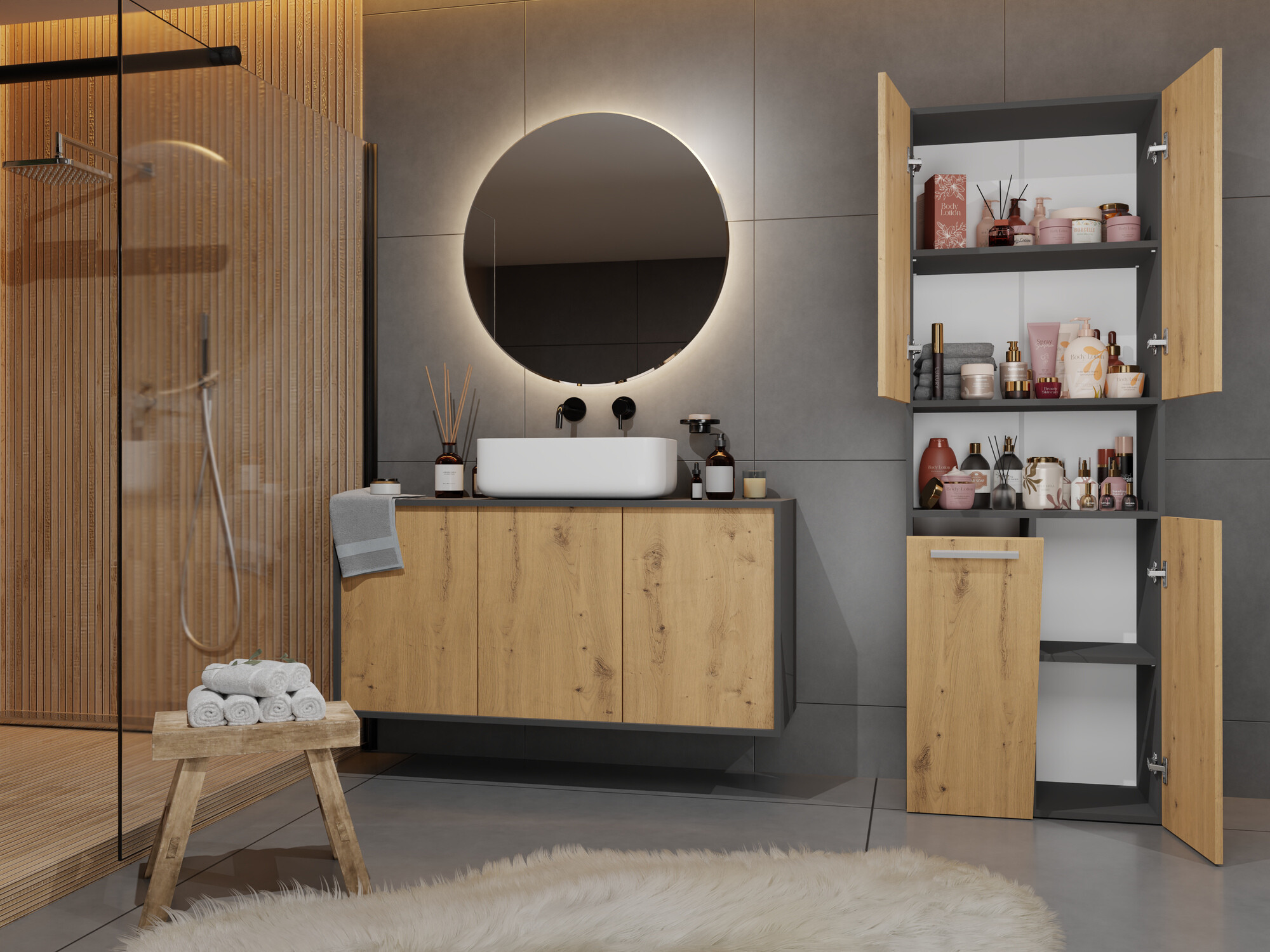 Cabinet de baie neancorat Nolmaru 101 (Antracit + Stejar artizan)