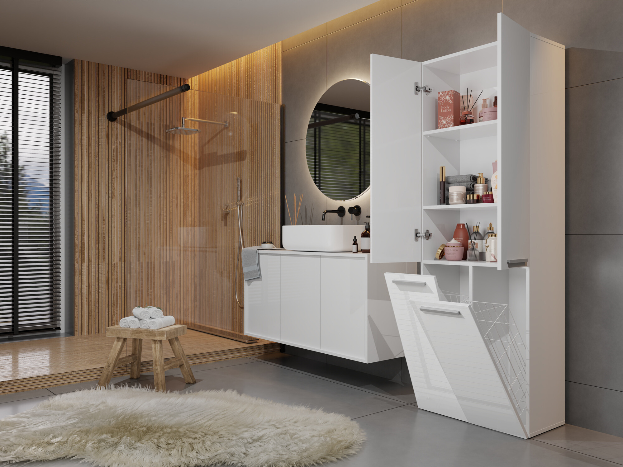 Cabinet de baie neancorat Nolmaru 102 (Alb + Alb lucios)