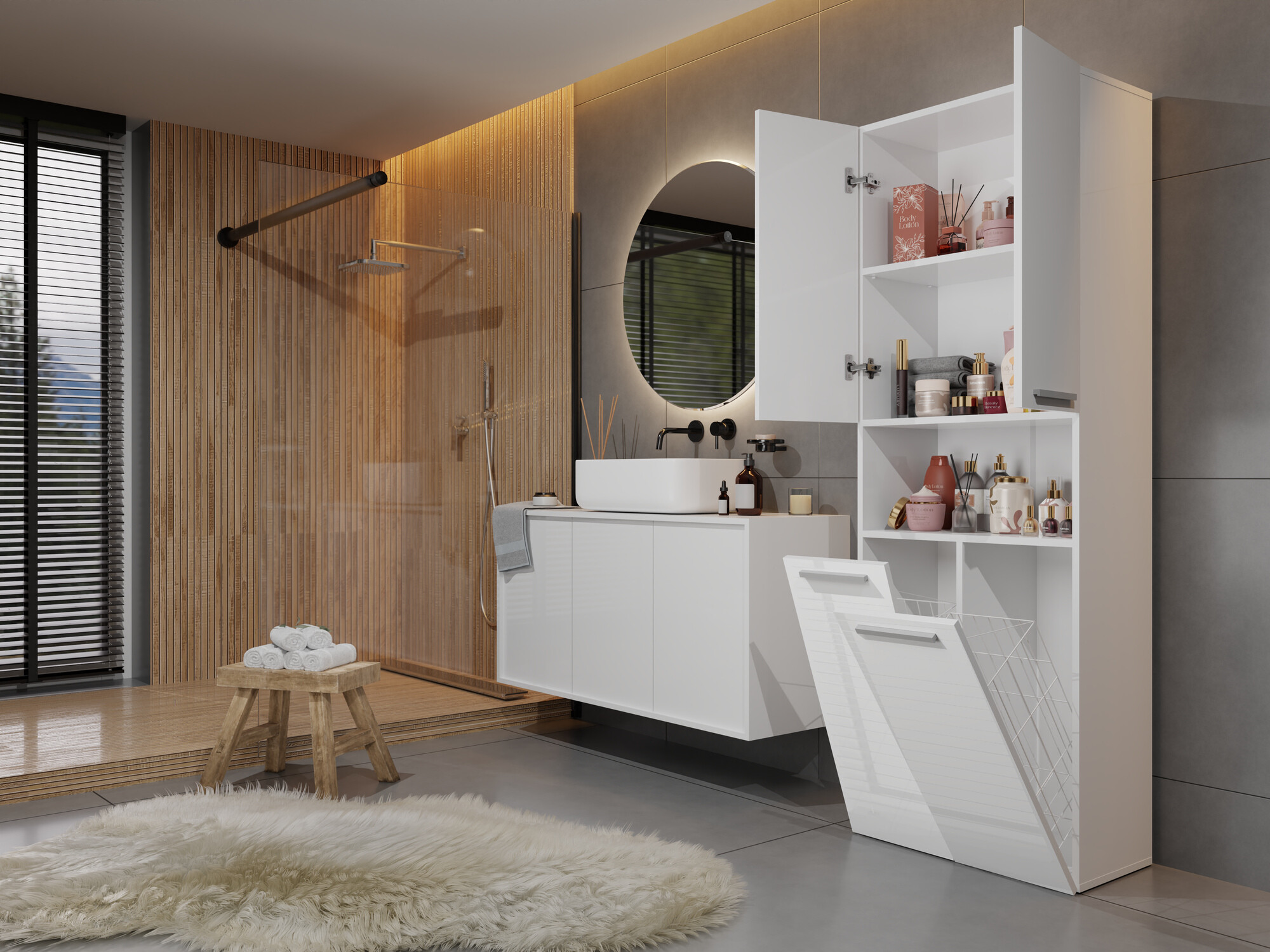 Cabinet de baie neancorat Nolmaru 103 (Alb + Alb lucios)