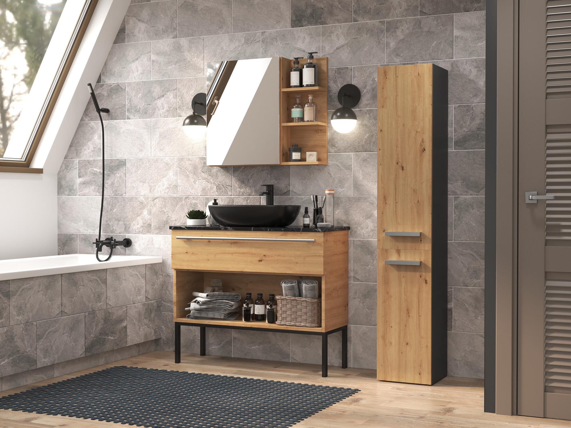 Cabinet de baie neancorat Nolmaru 107 (Antracit + Stejar artizan)