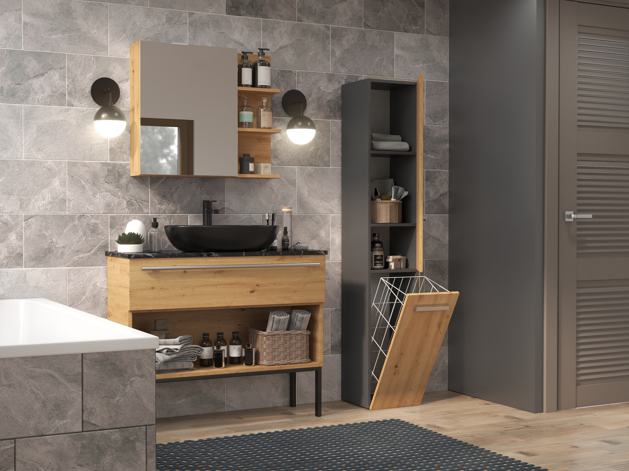 Cabinet de baie neancorat Nolmaru 107 (Antracit + Stejar artizan)