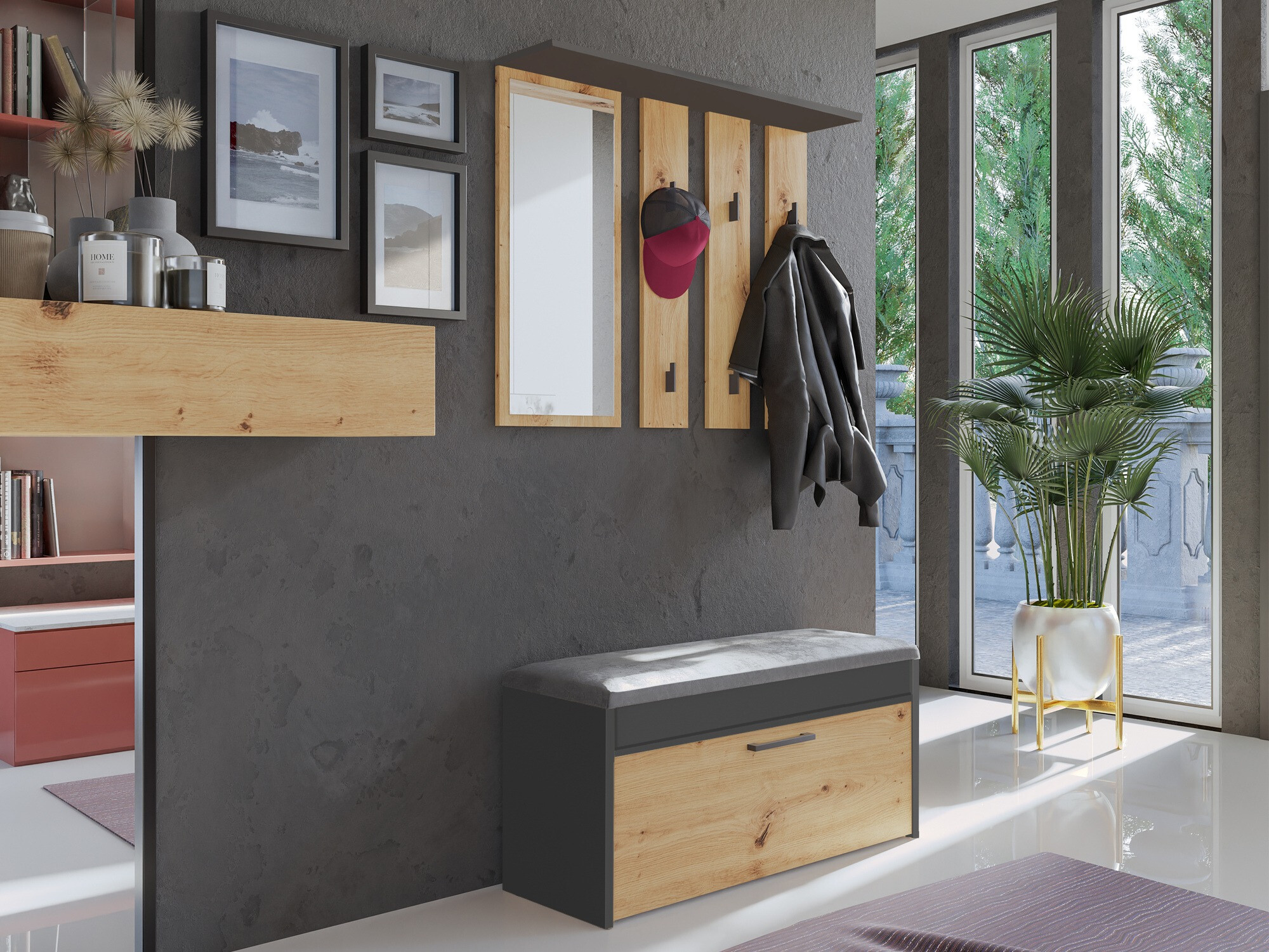 Dulap pantofi Mandeville 216 (Antracit + Stejar artizan)