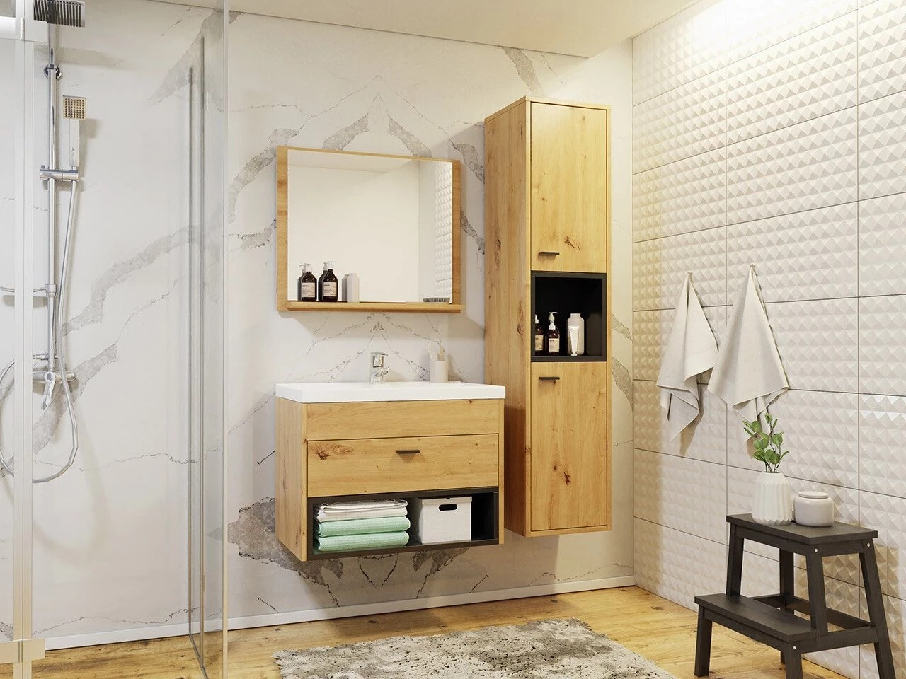 Cabinet atârnat pentru baie Velum (Stejar artizan + Negru)