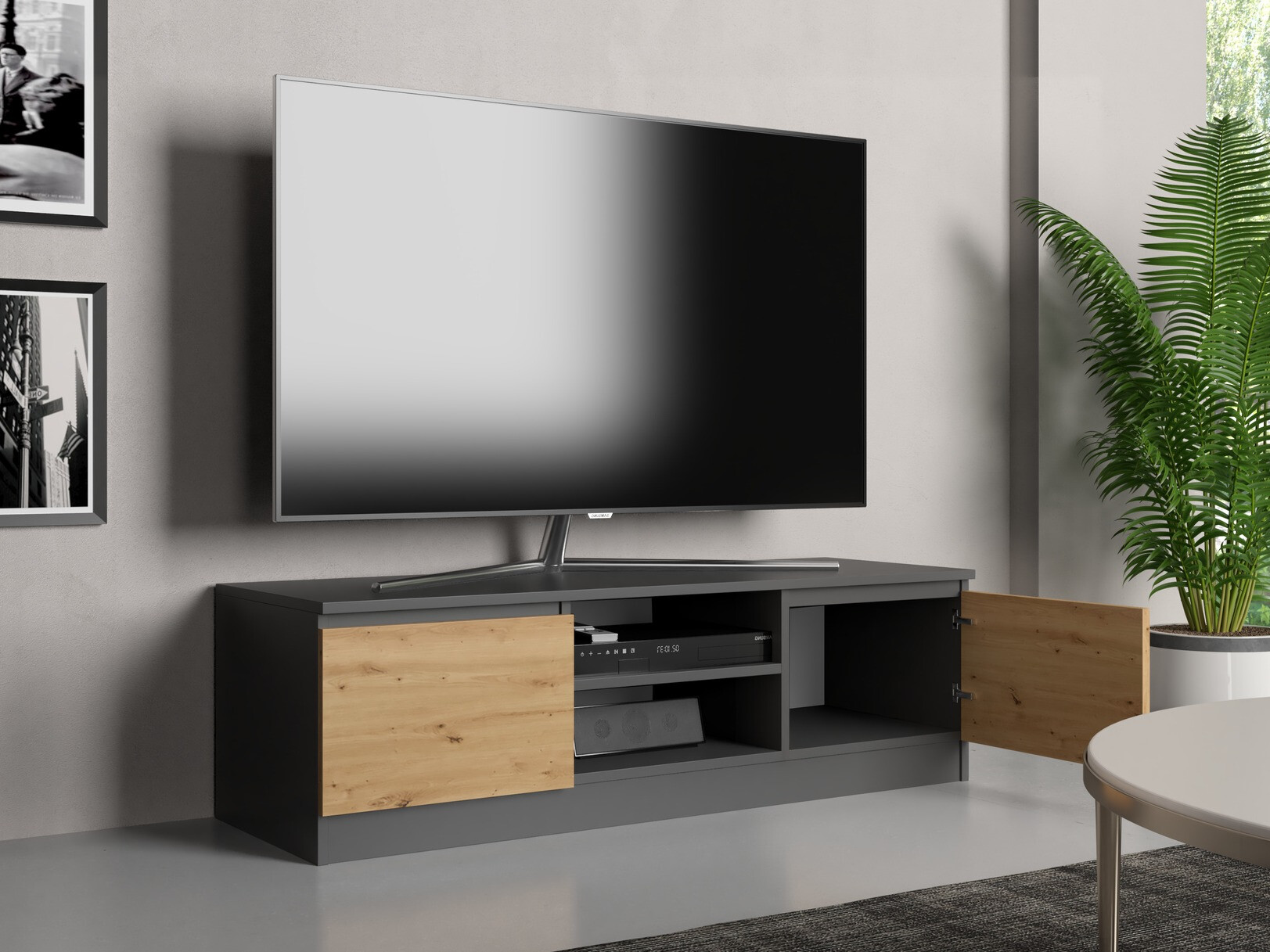 Comodă TV Elbvelu 123 (Antracit + Stejar artizan)