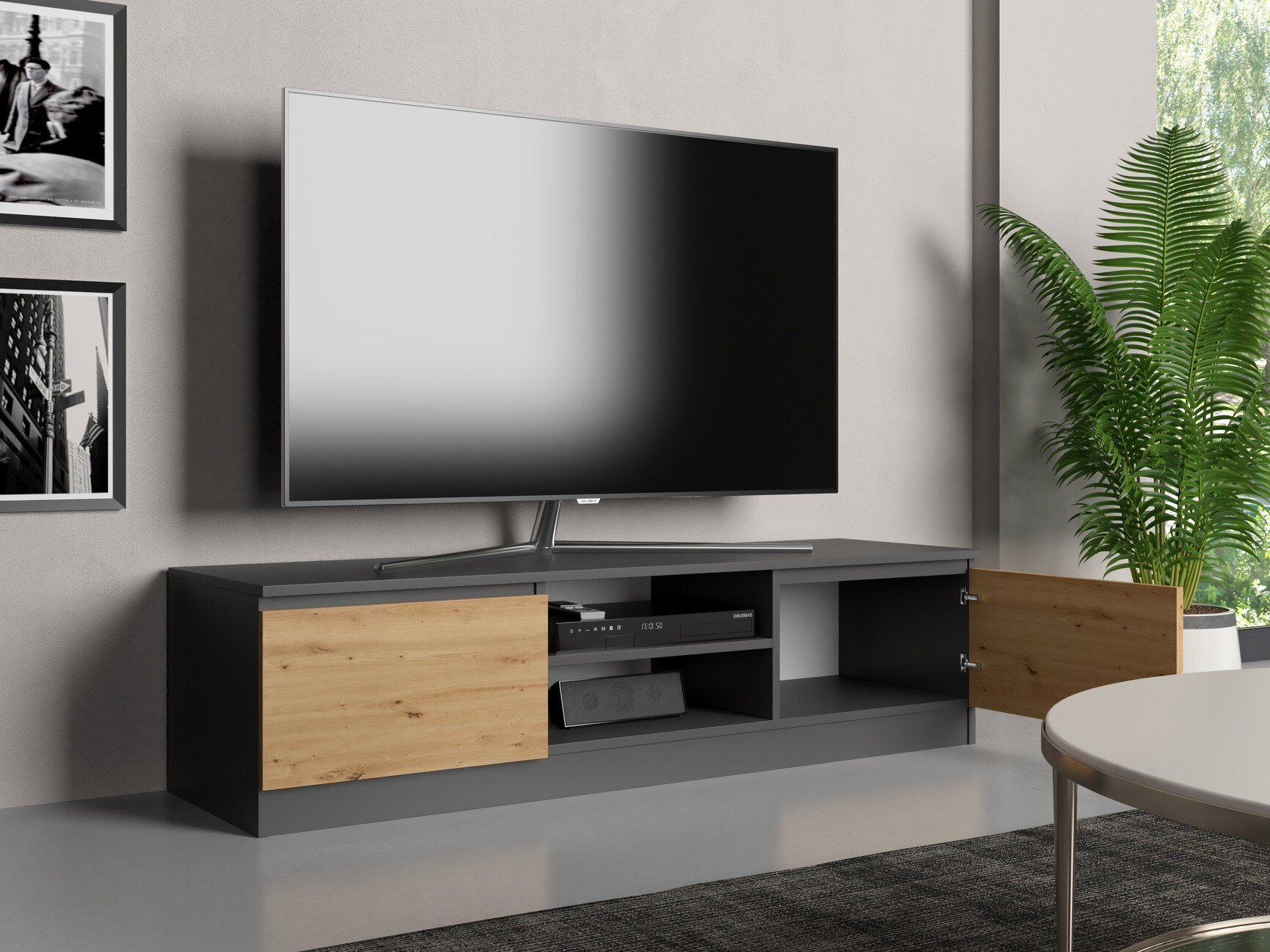 Comodă TV Elbvelu 125 (Antracit + Stejar artizan)