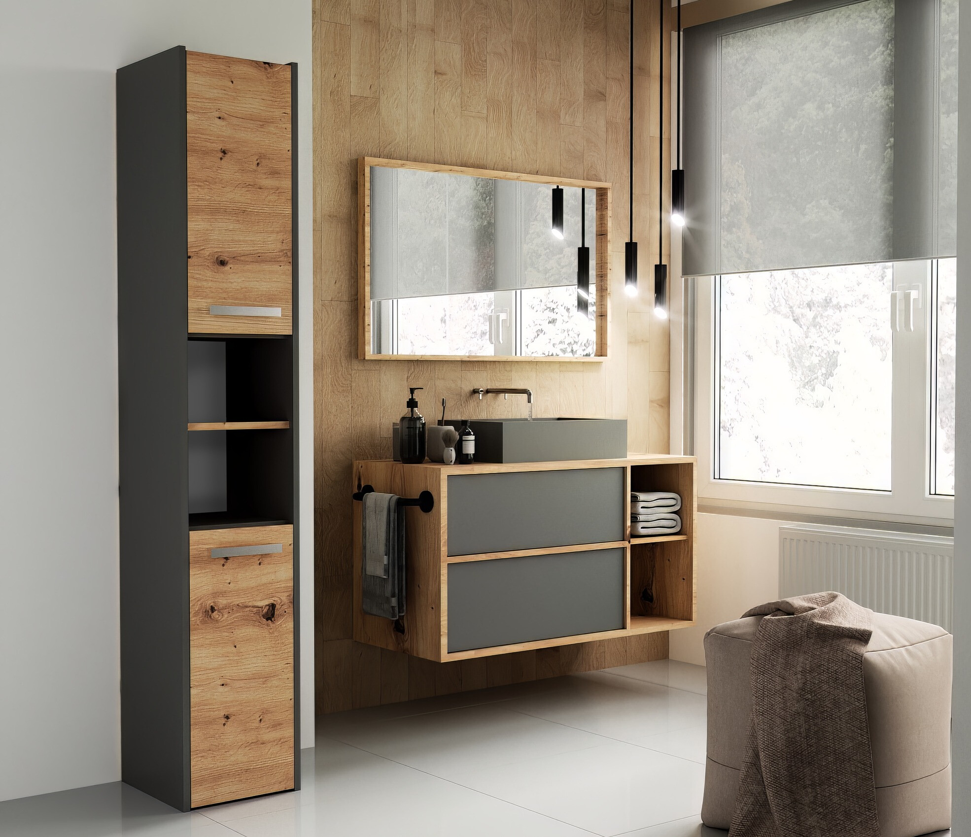 Cabinet de baie neancorat Mandeville 248 (Antracit + Stejar artizan)