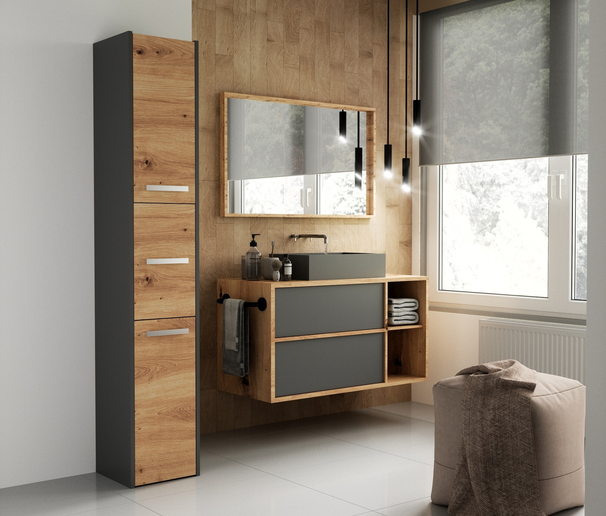 Cabinet de baie neancorat Mandeville 249 (Antracit + Stejar artizan)