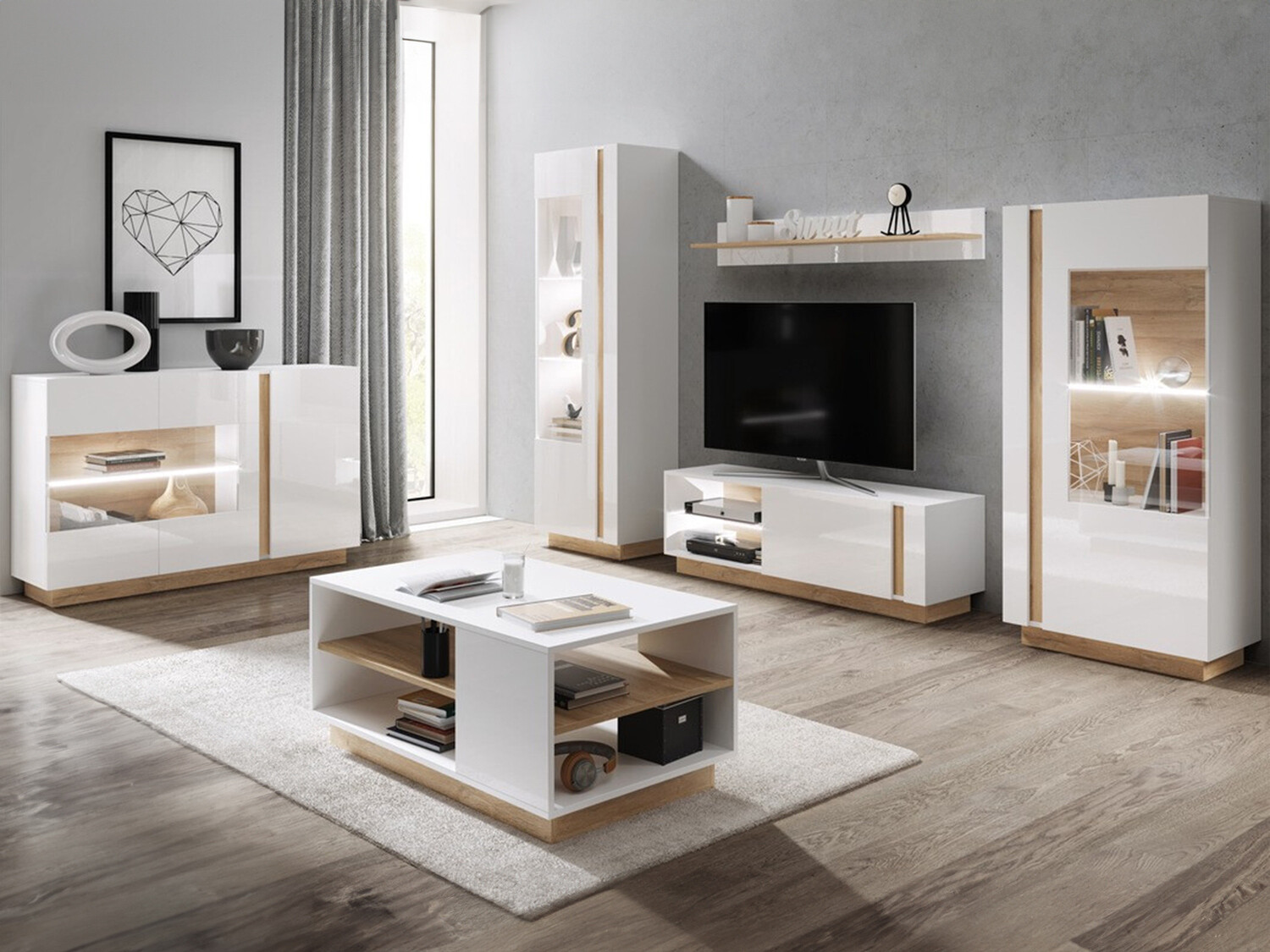 Set de living Novbela 113 (Alb + Alb lucios + Stejar Grandson)