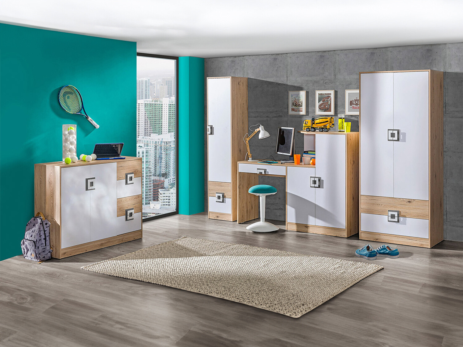 Set de camera copii Balvire 114 (Stejar deschis + Alb + Gri)