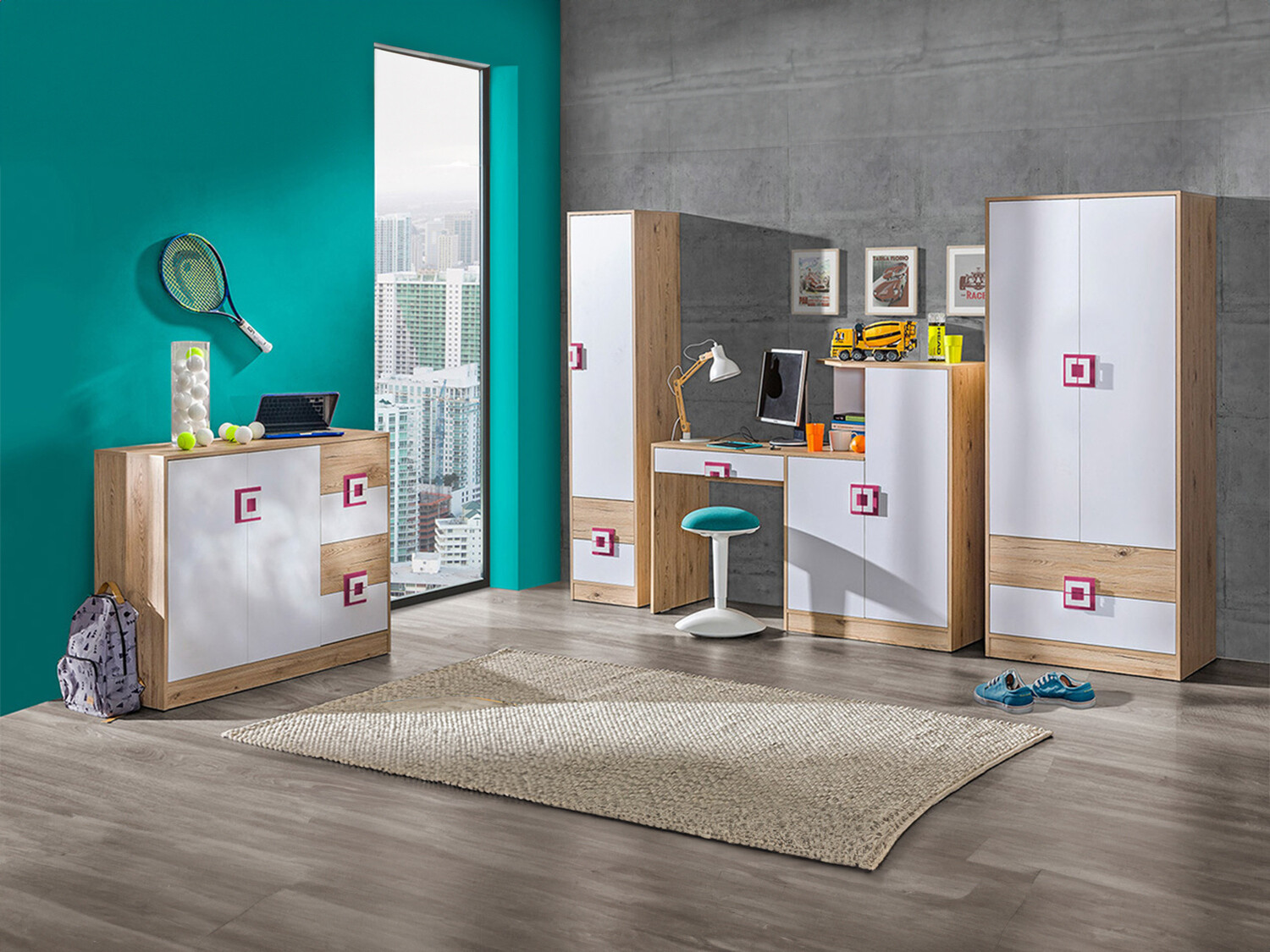 Set de camera copii Balvire 114 (Stejar deschis + Alb + Roze)