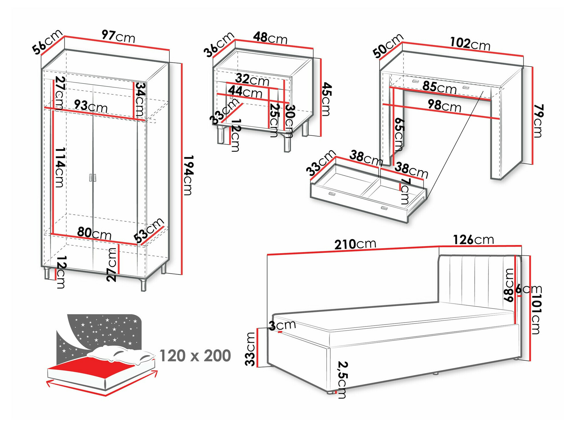 Set dormitor Mormavu 112 (Mat alb + Gri)