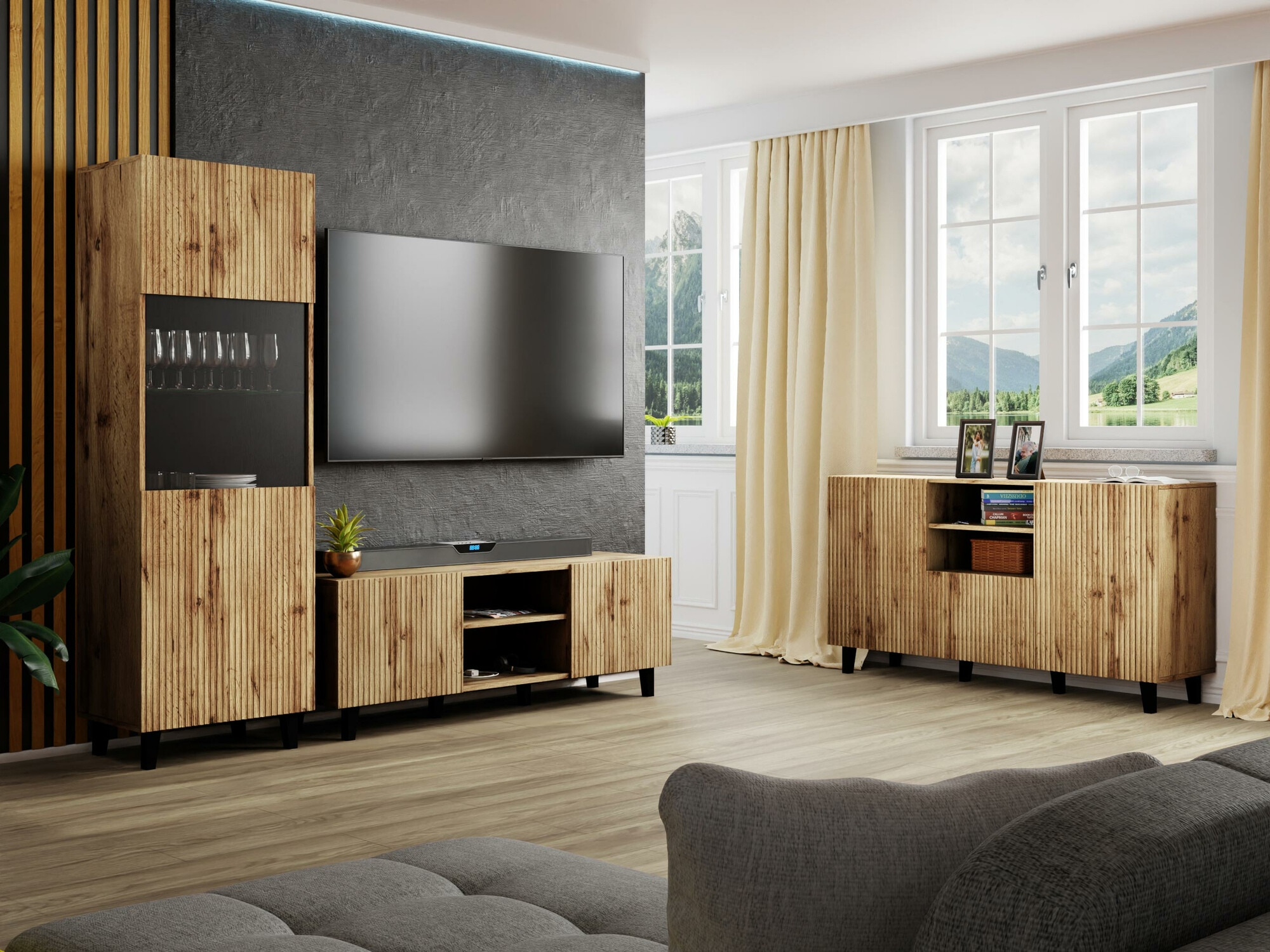 Set de living Comes I (Negru + Stejar Wotan)