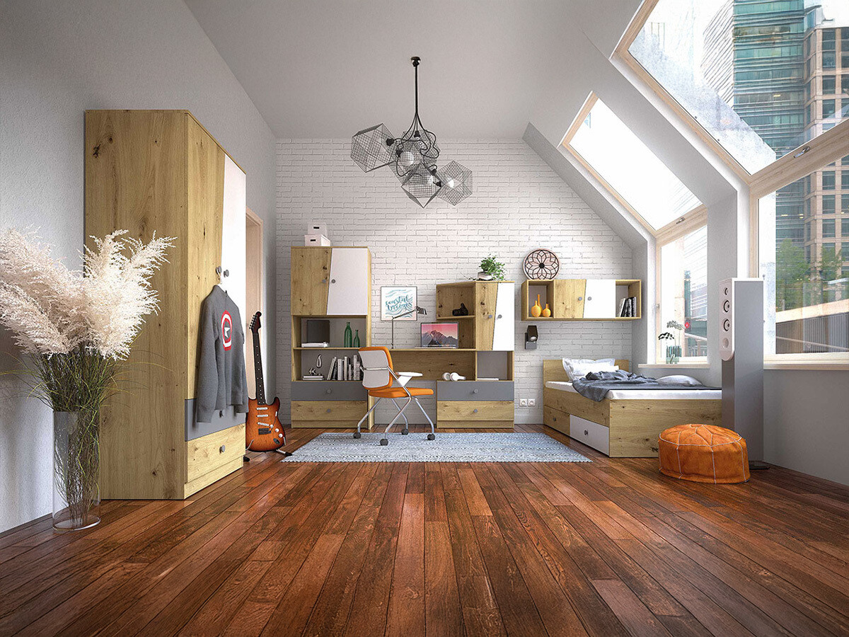 Set de mobilier Almira 114 (Stejar artizan + Alb + Gri)
