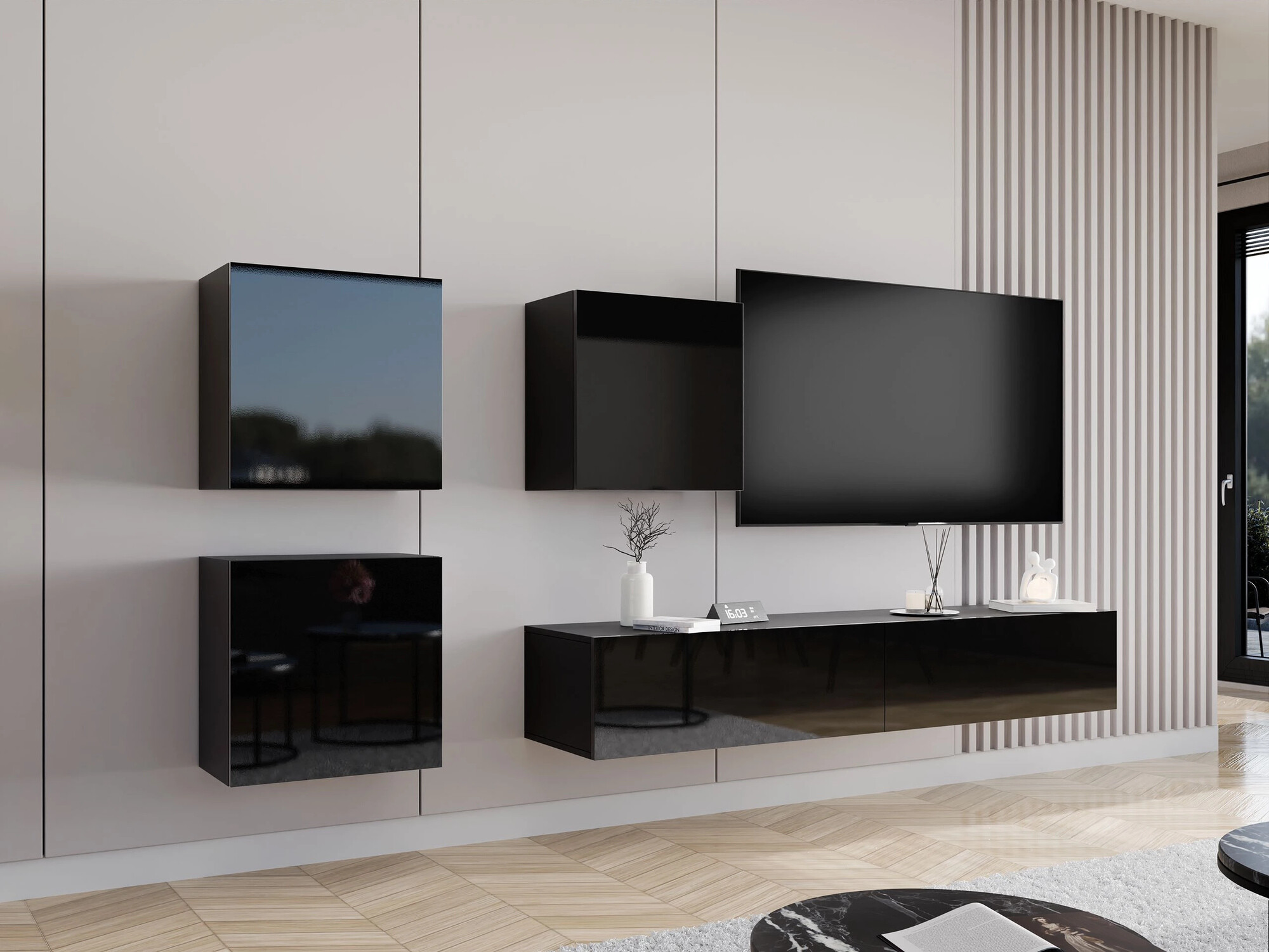 Comodă TV Vilrin II (Negru + Negru lucios)
