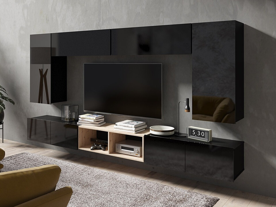 Set de living Remus XXIII (Negru + Negru lucios + Stejar artizan)