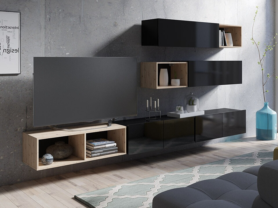 Set de living Remus XXV (Negru + Negru lucios + Stejar artizan)