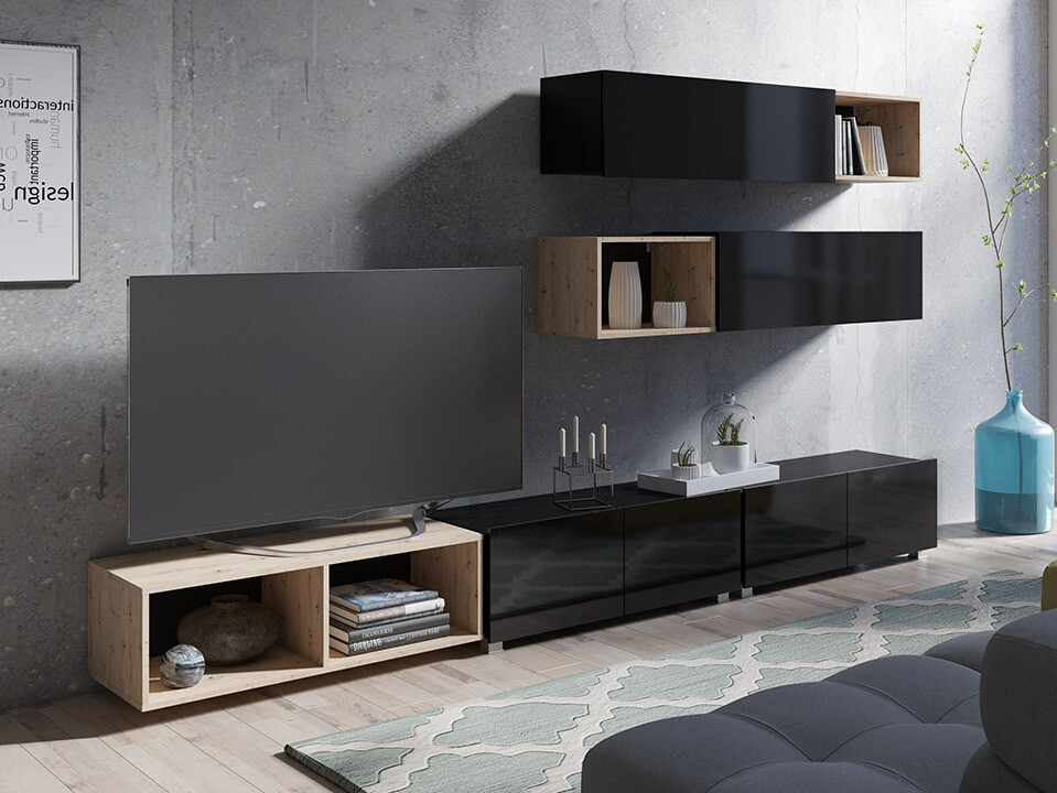 Set de living Remus XXV (Negru + Negru lucios + Stejar artizan)