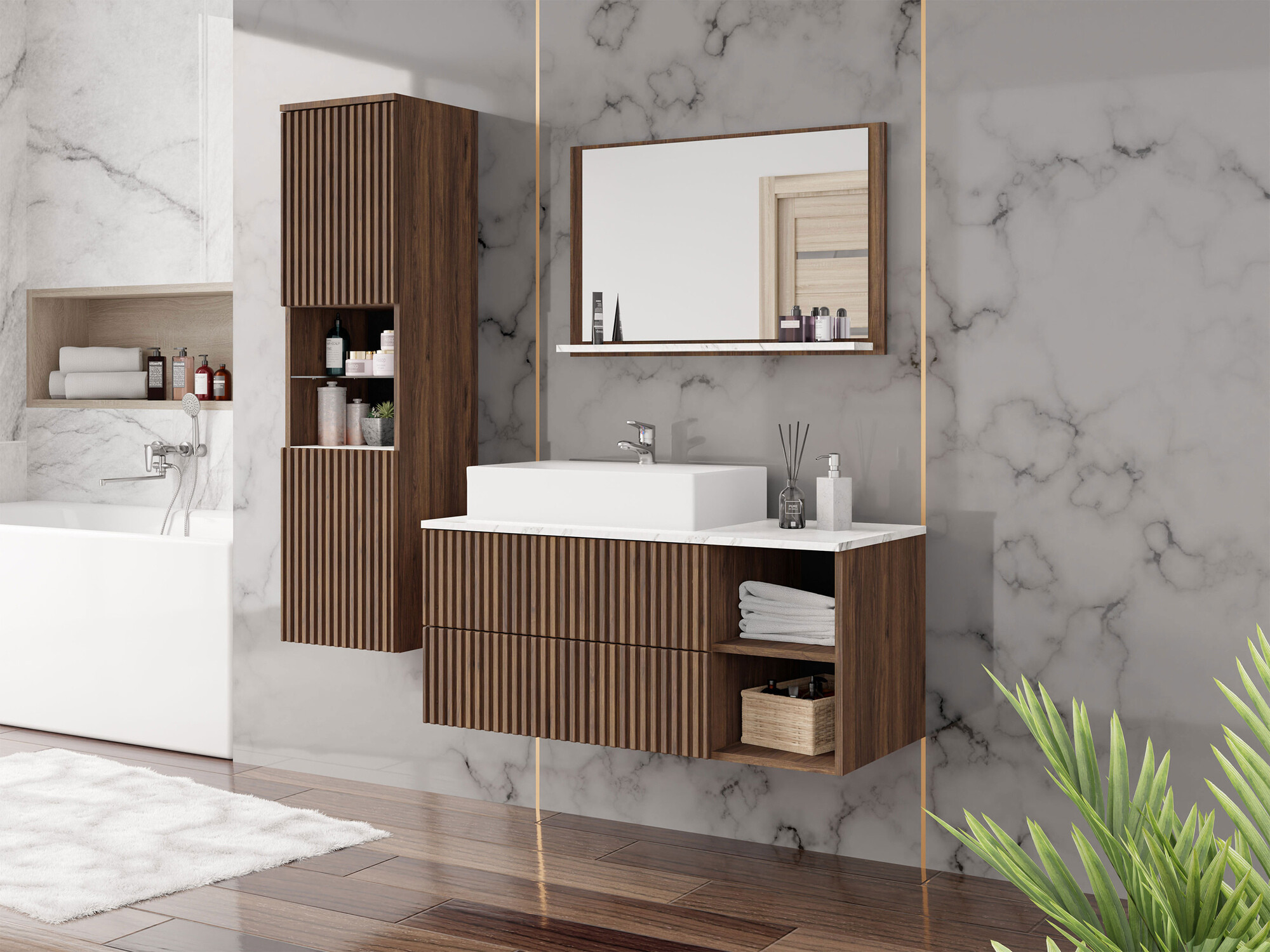 Set baie Nauta I (Nuc + Marmură albă)