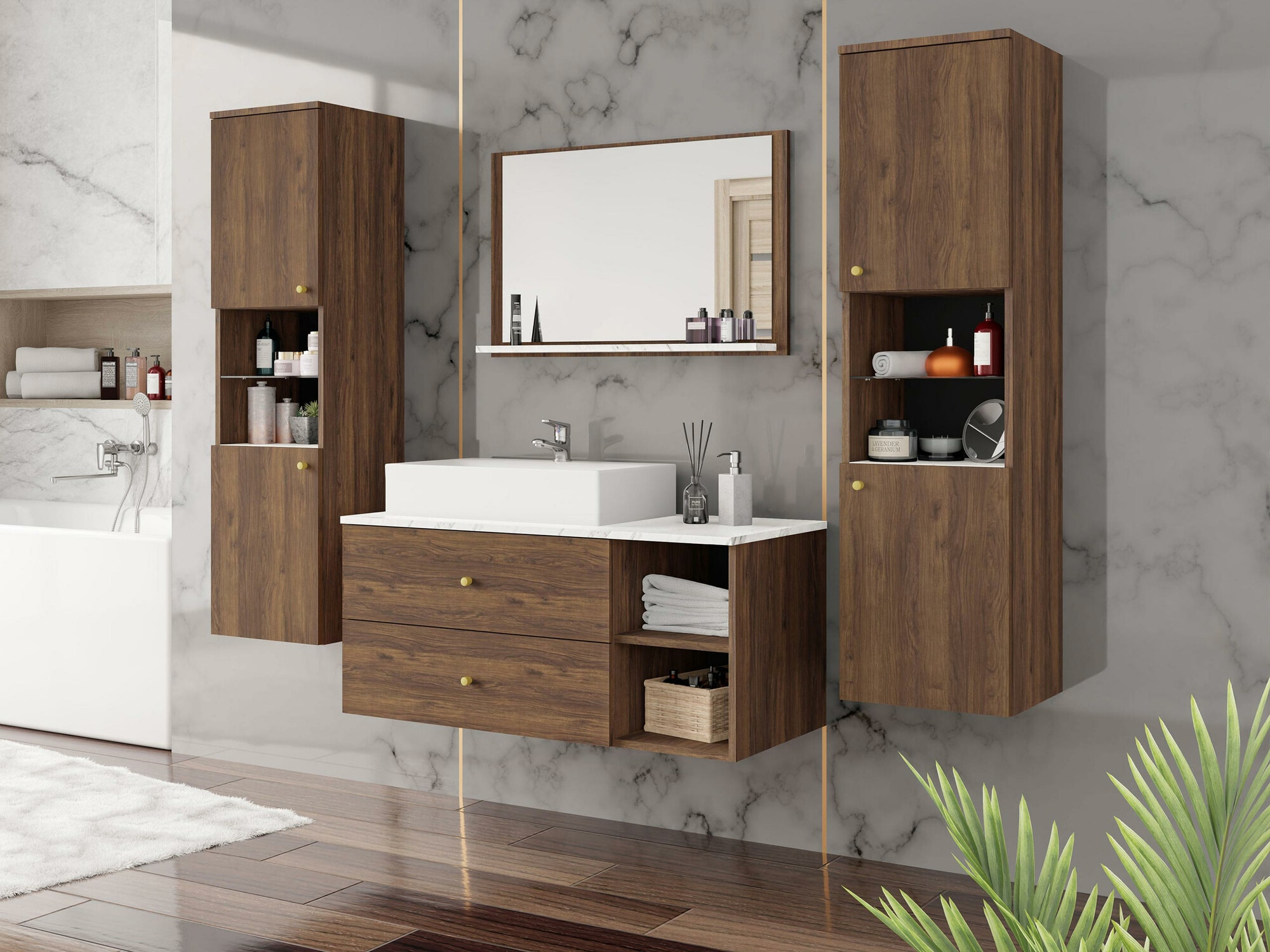 Set baie Salus III (Nuc + Marmură albă)