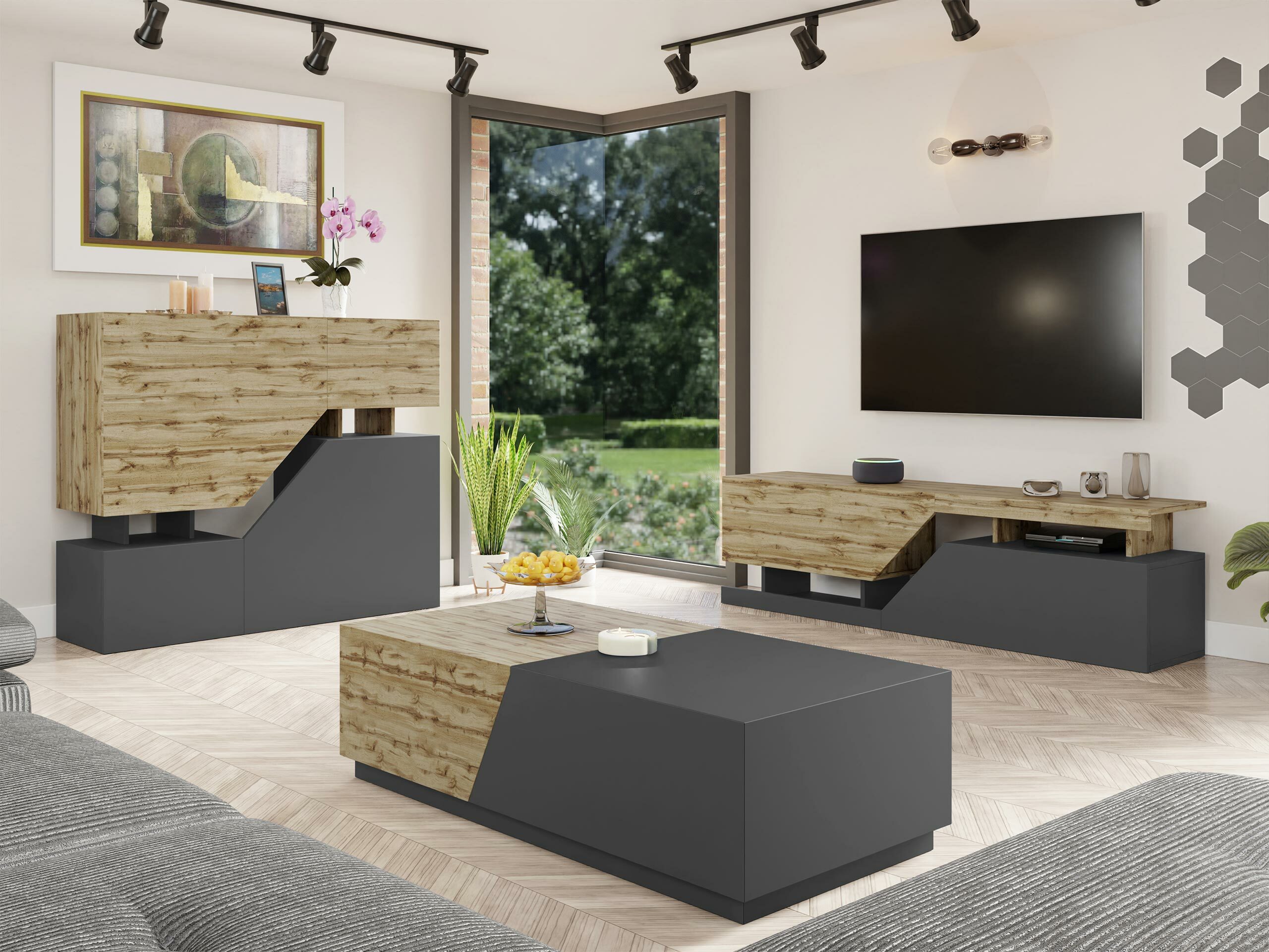 Set de living Comfivo Daldune I (Stejar Wotan + Antracit)