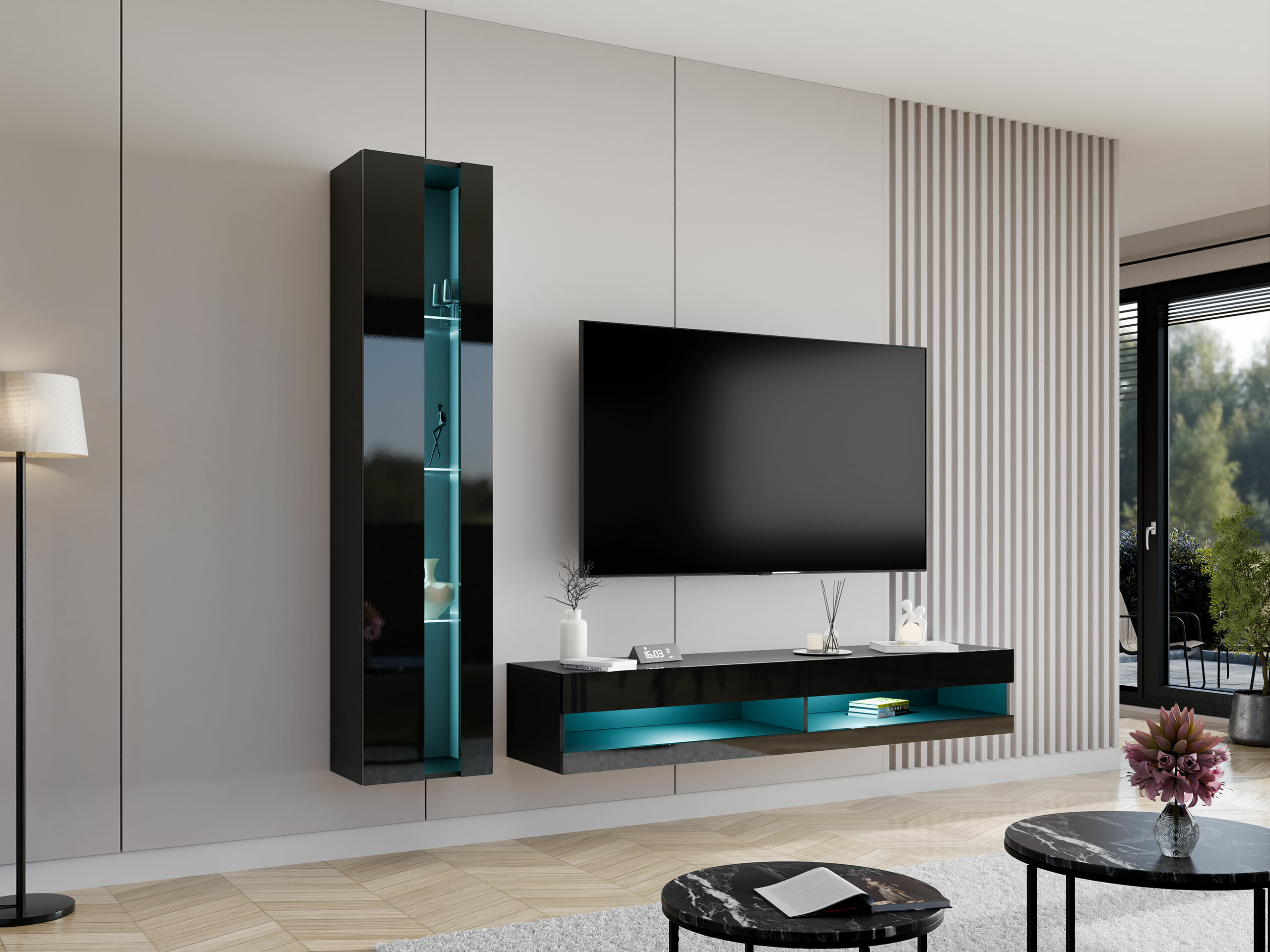 Set de living Vilrin VIII (Negru + Negru lucios)