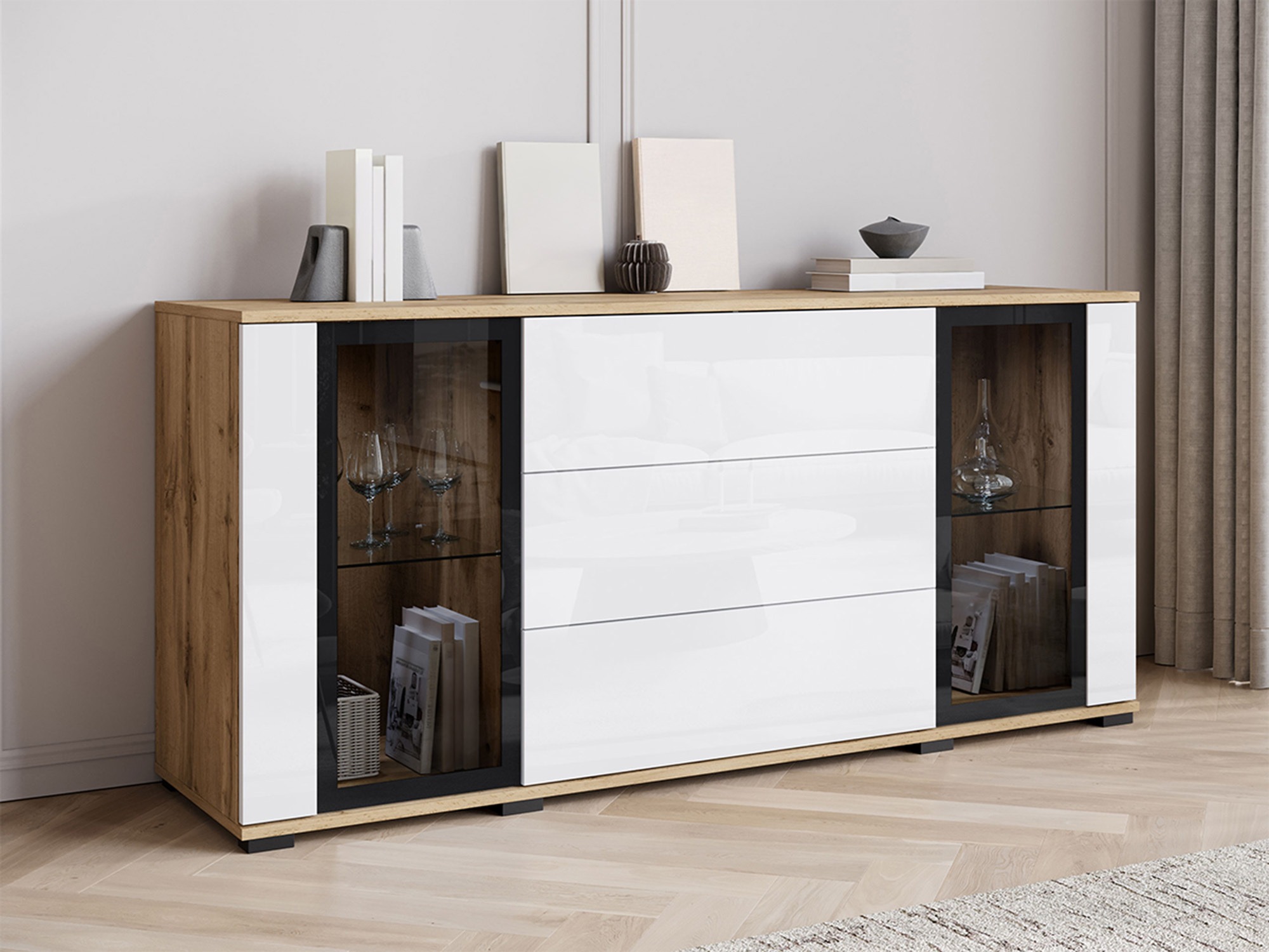 Comodă Torcame 101 (Stejar Wotan + Alb lucios)