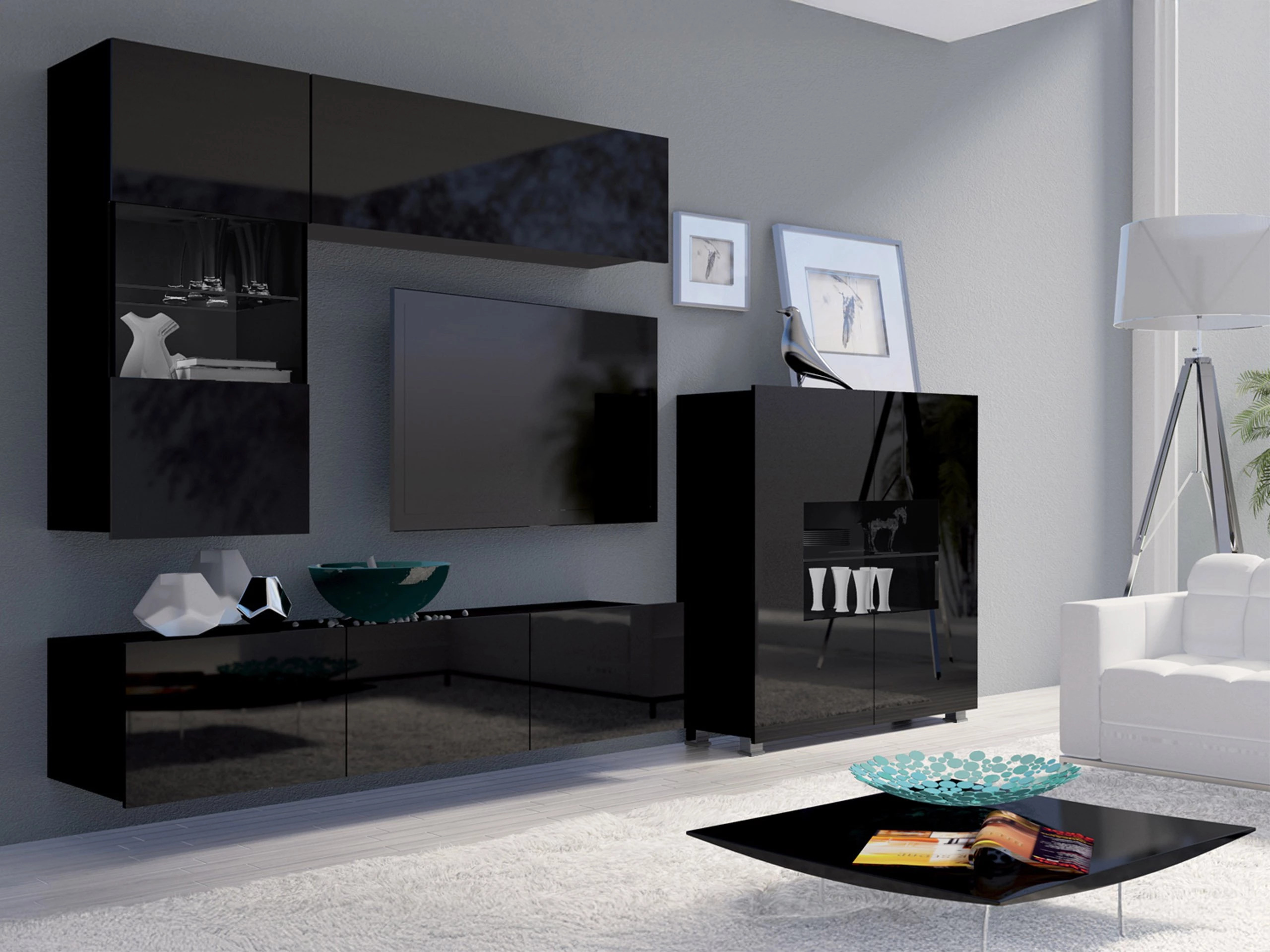 Set de living Remus III (Negru + Negru lucios)