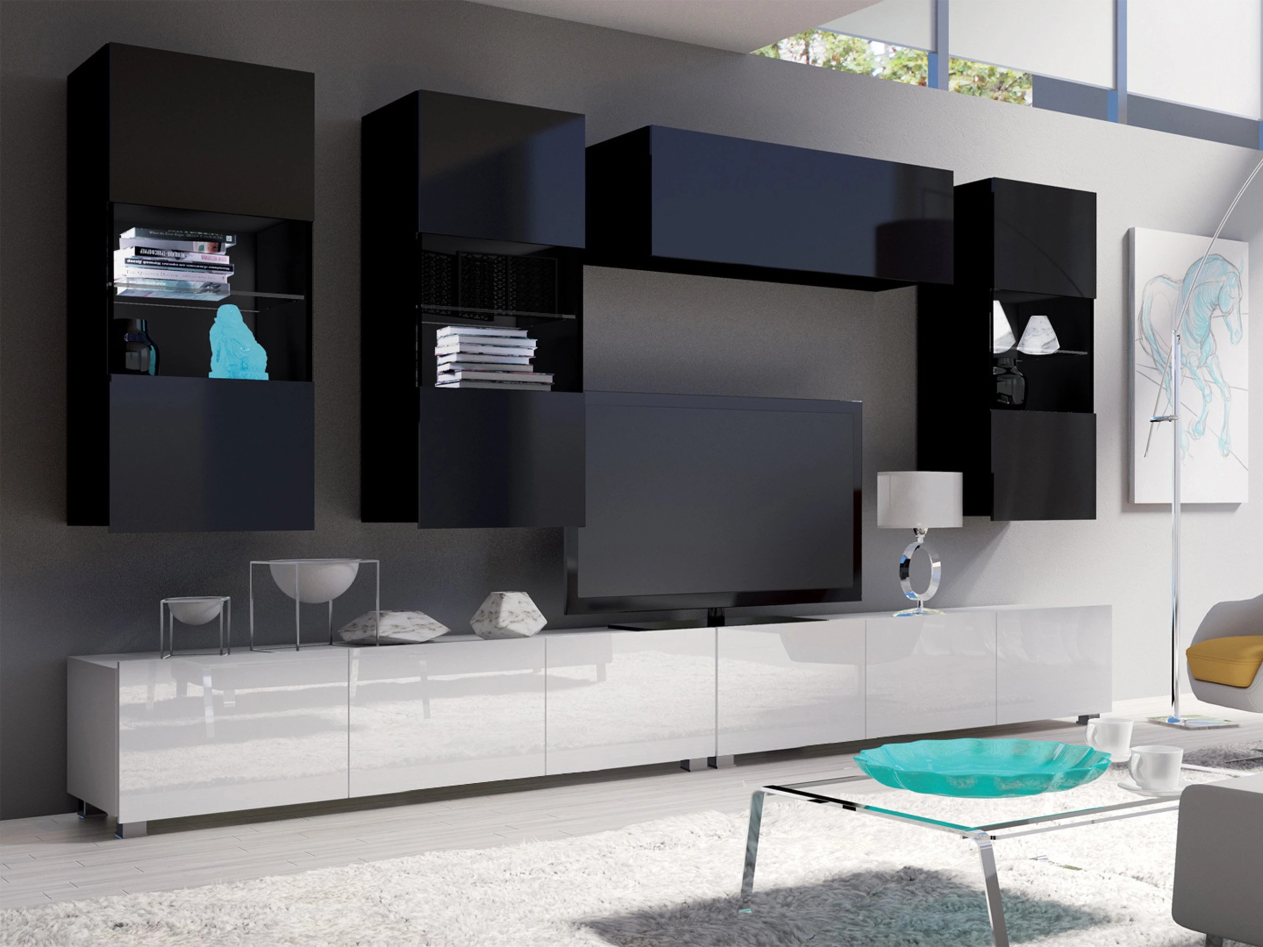 Set de living Remus V (Alb + Alb lucios + Negru + Negru lucios)