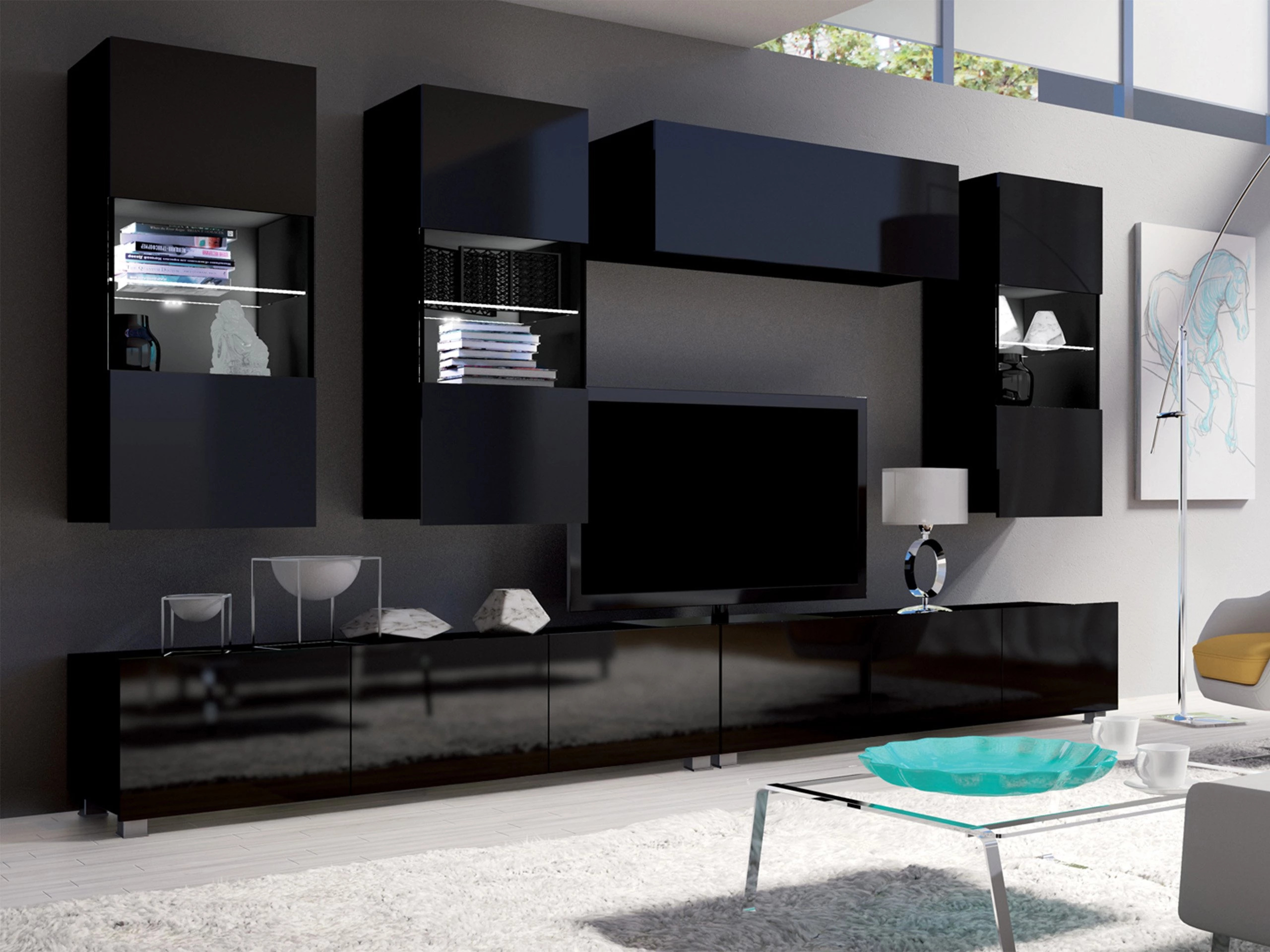Set de living Remus V (Negru + Negru lucios)
