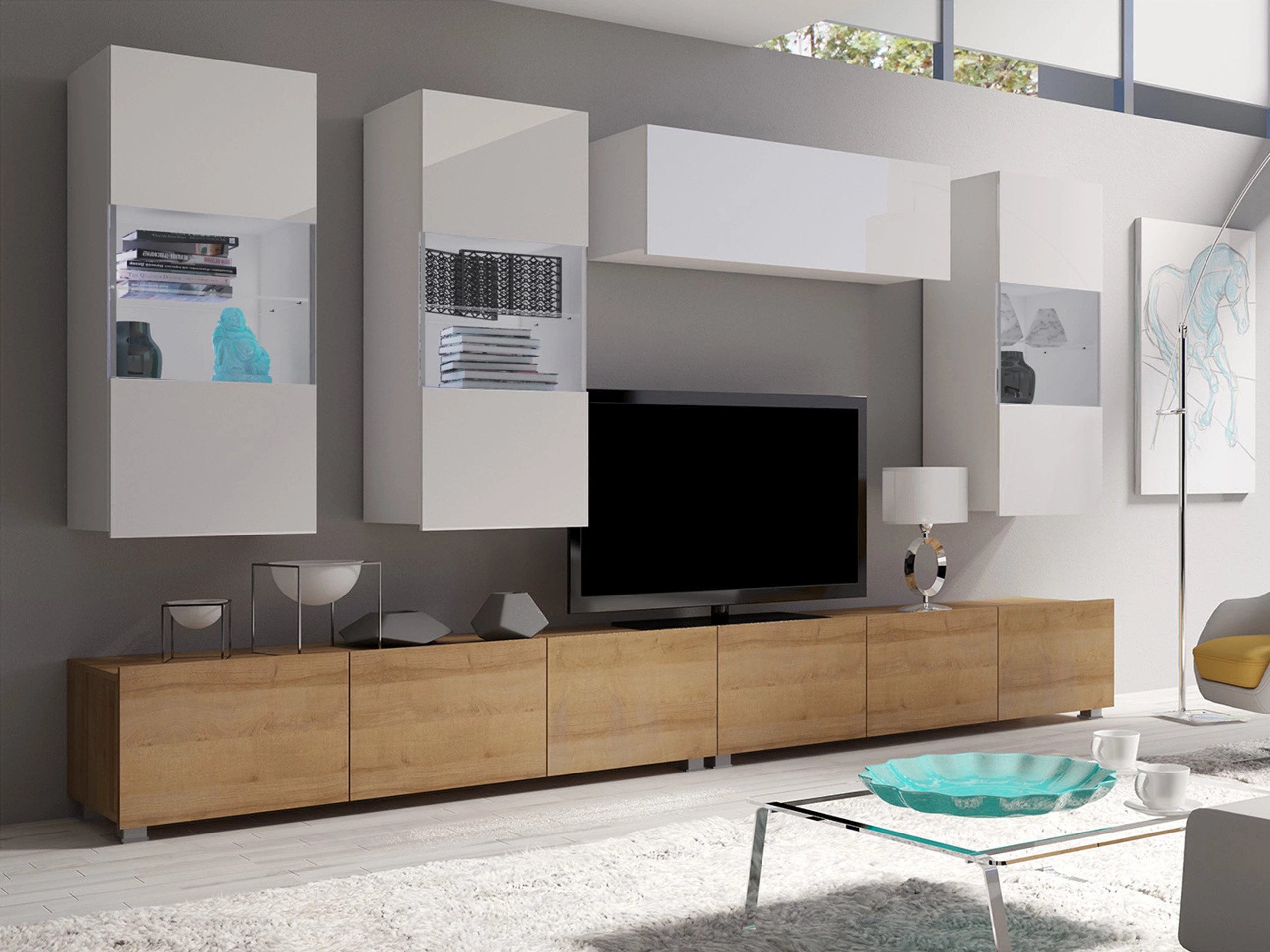 Set de living Remus V (Stejar auriu + Alb + Alb lucios)
