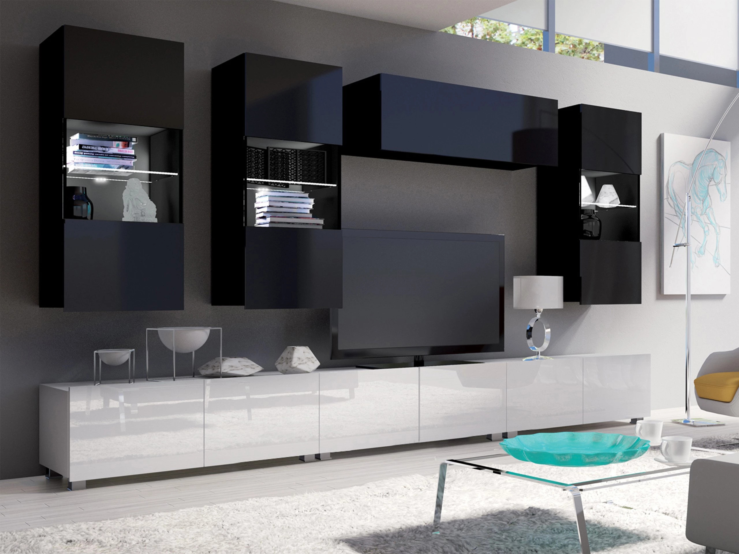 Set de living Remus XI (Alb + Alb lucios + Negru + Negru lucios)