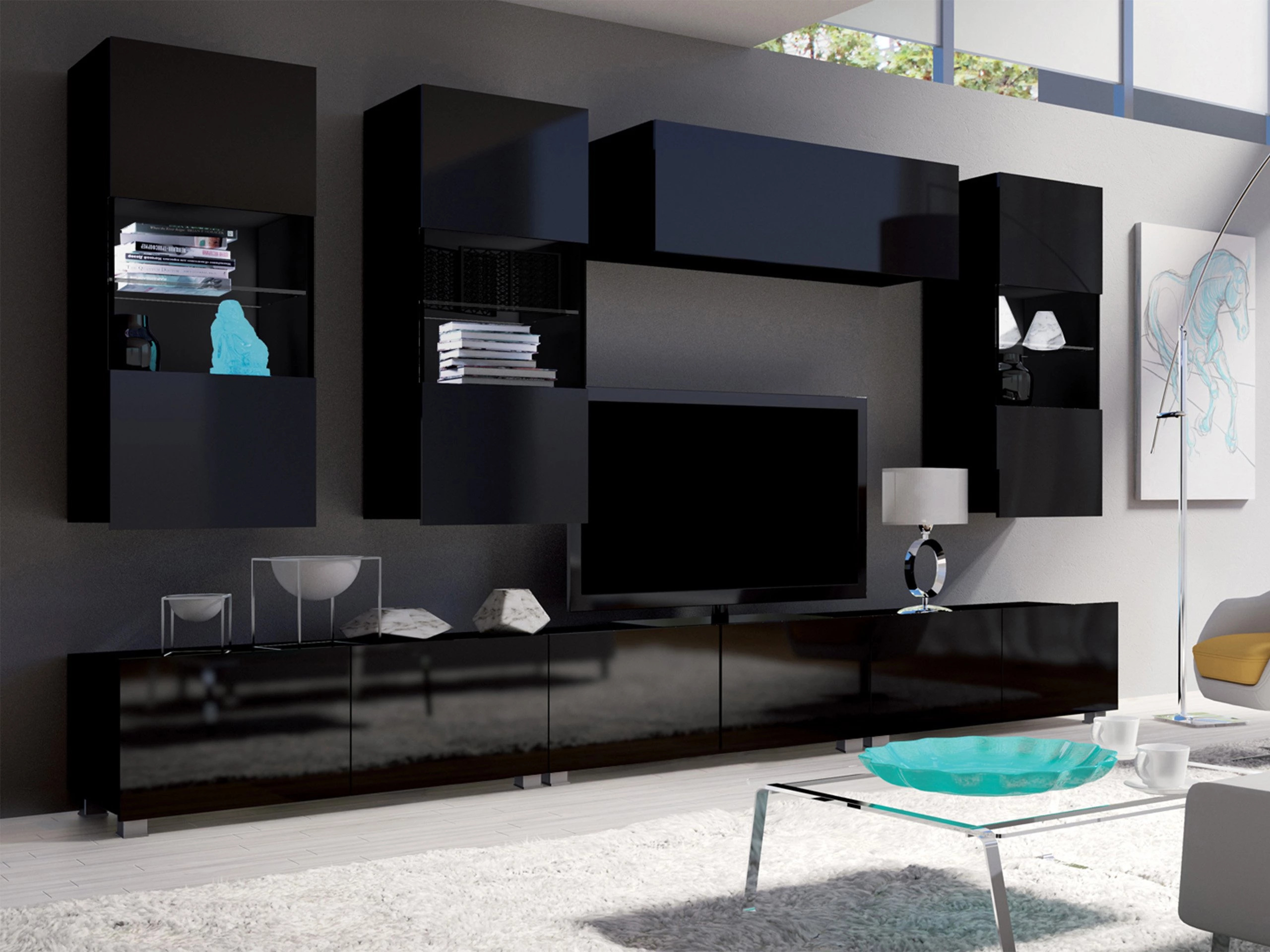 Set de living Remus XI (Negru + Negru lucios)